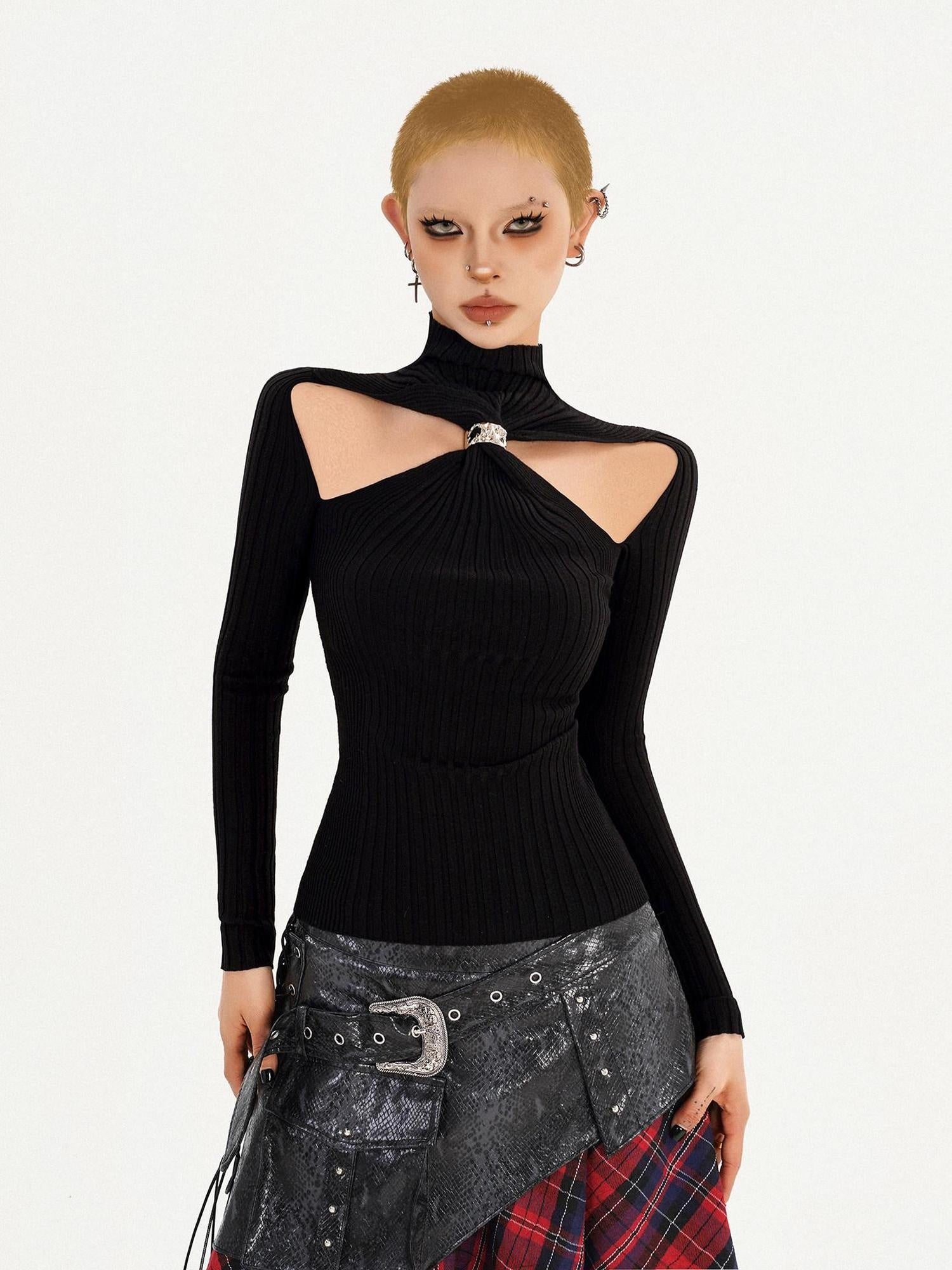 Nico Molly Edgy Cutout Slim Fit High Neck Long Sleeve Black Pullover Knitwear