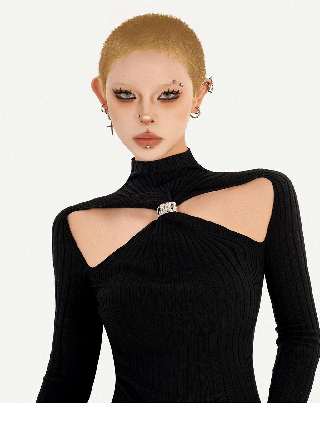 Nico Molly Edgy Cutout Slim Fit High Neck Long Sleeve Black Pullover Knitwear