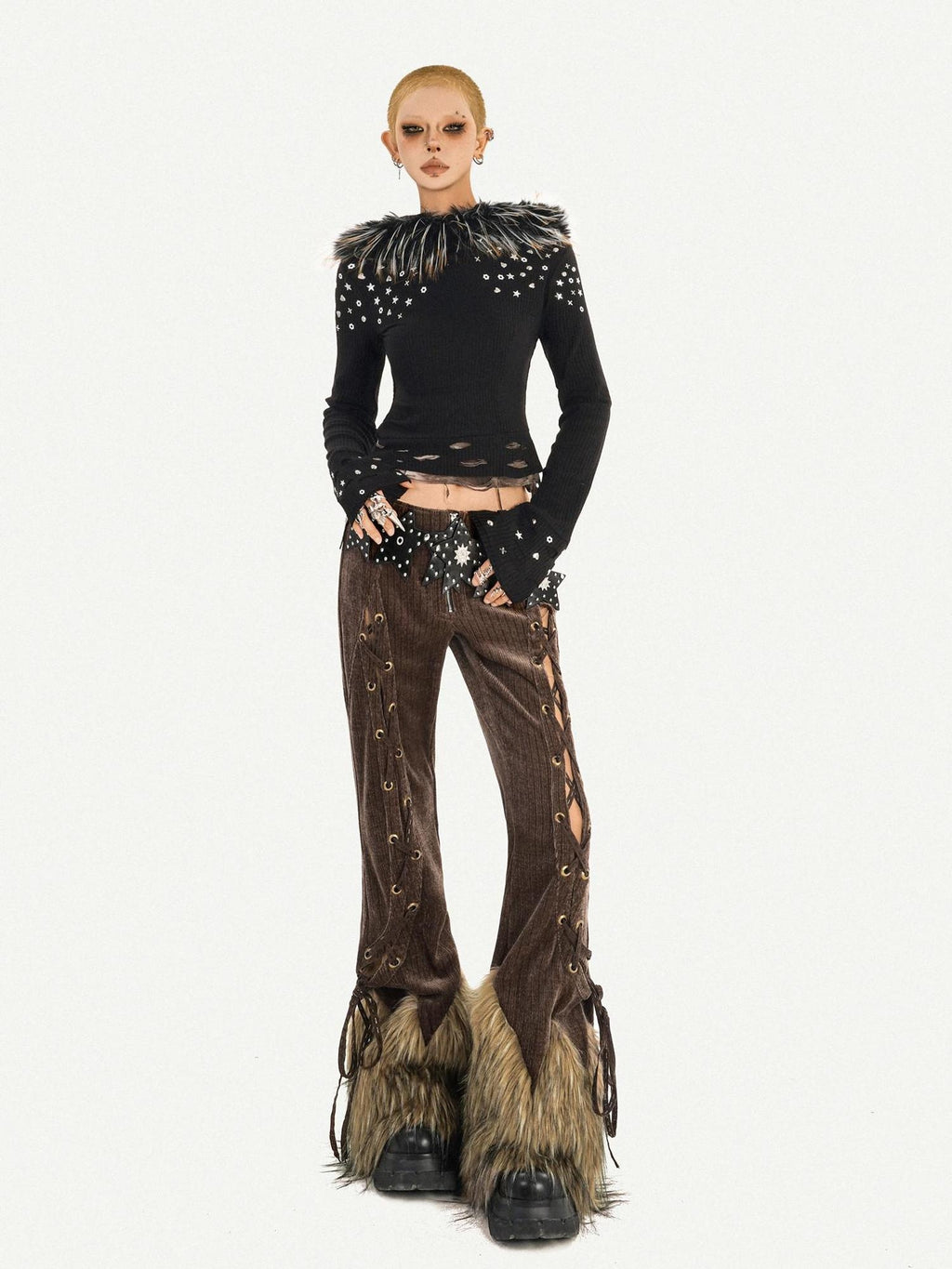 Nico Molly Edgy Distressed Slim Punk Black Youthful Dance Date Ladies Long Sleeve Crop Tops