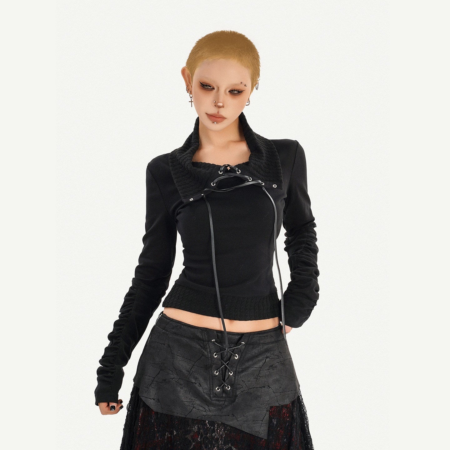 Nico_Molly_Edgy_Gothic_Lace_Up_Cropped_Turndown_Collar_Longsleeve_Black_Patchwork_Knitwear_MISSTT