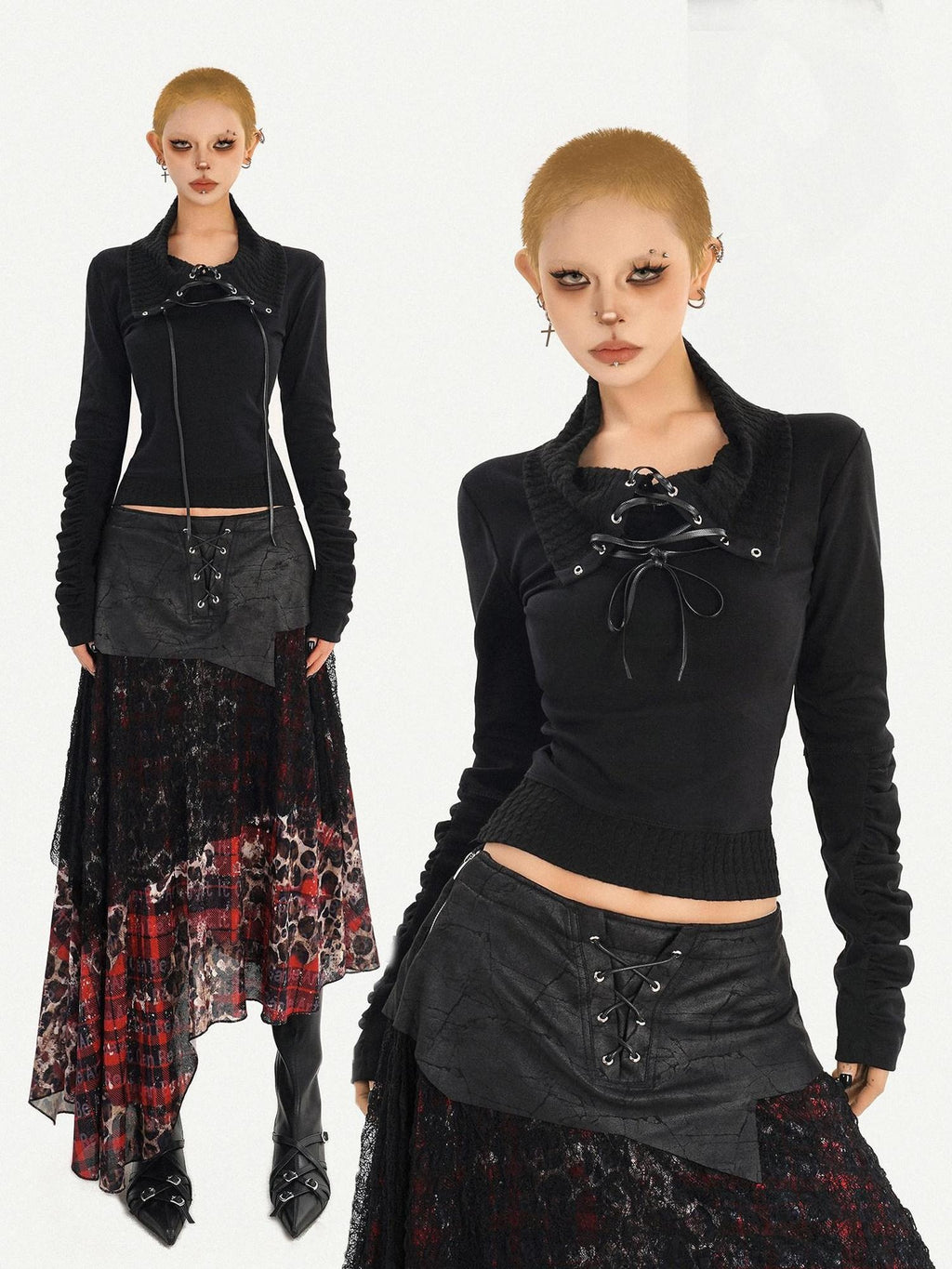 Nico Molly Edgy Gothic Lace Up Cropped Turndown Collar Longsleeve Black Patchwork Knitwear