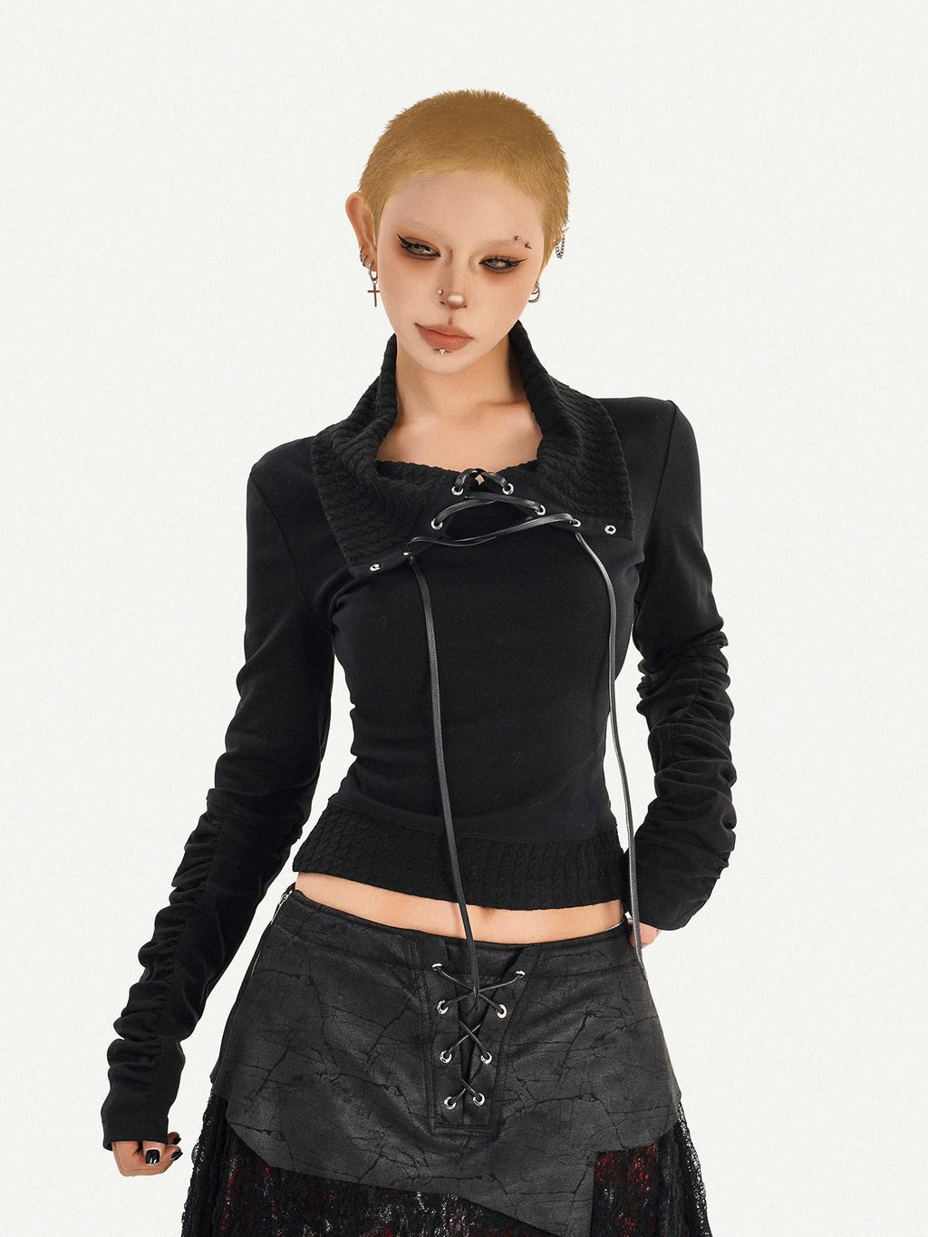 Nico Molly Edgy Gothic Lace Up Cropped Turndown Collar Longsleeve Black Patchwork Knitwear