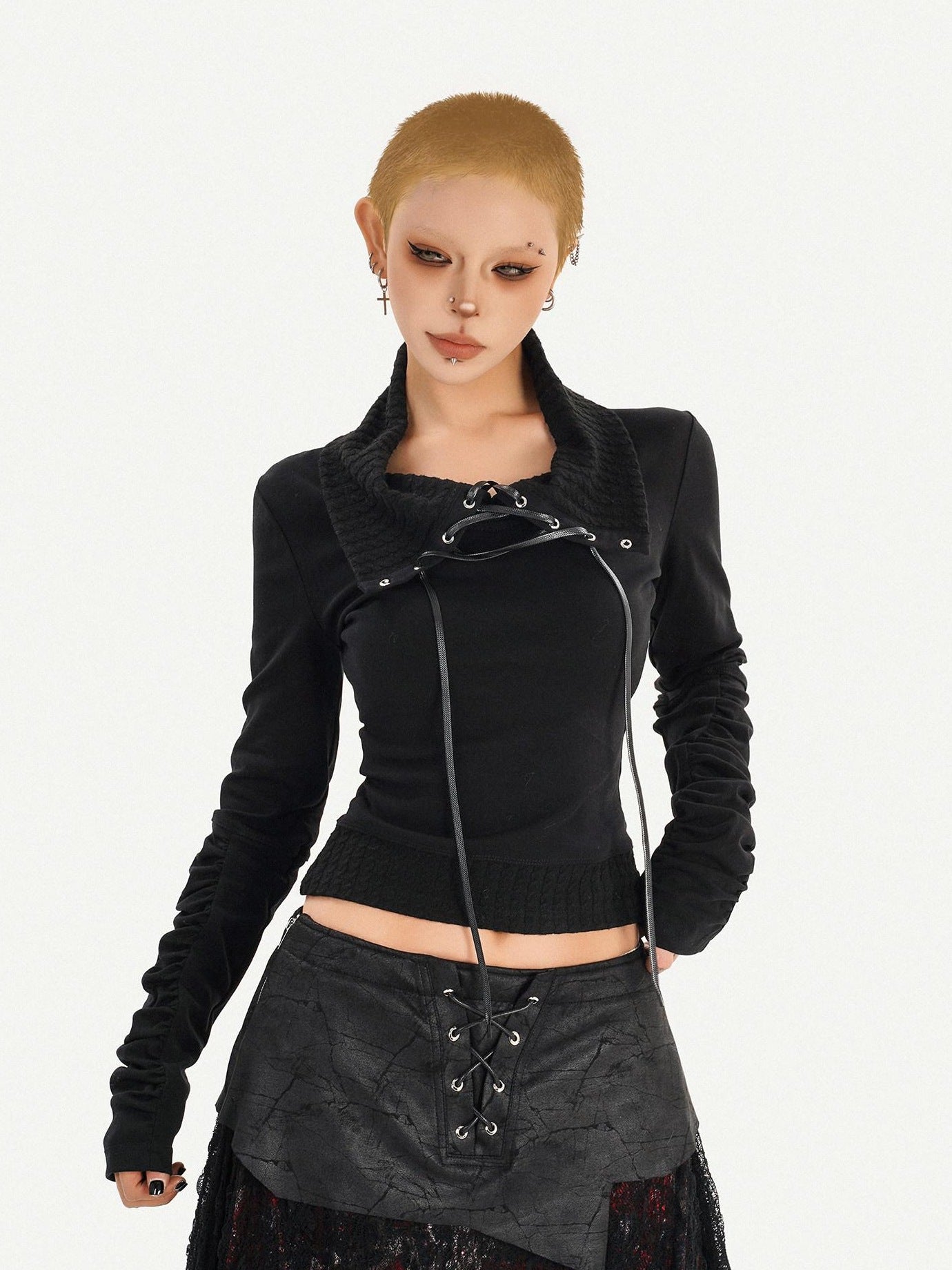 Nico Molly Edgy Gothic Lace Up Cropped Turndown Collar Longsleeve Black Patchwork Knitwear