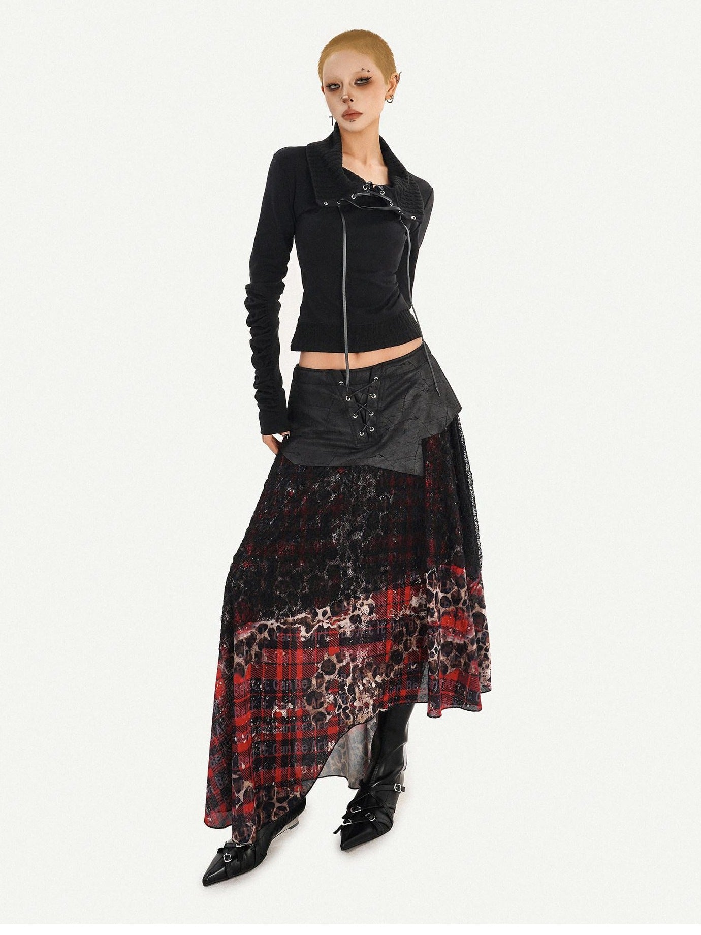 Nico Molly Edgy Gothic Lace Up Cropped Turndown Collar Longsleeve Black Patchwork Knitwear