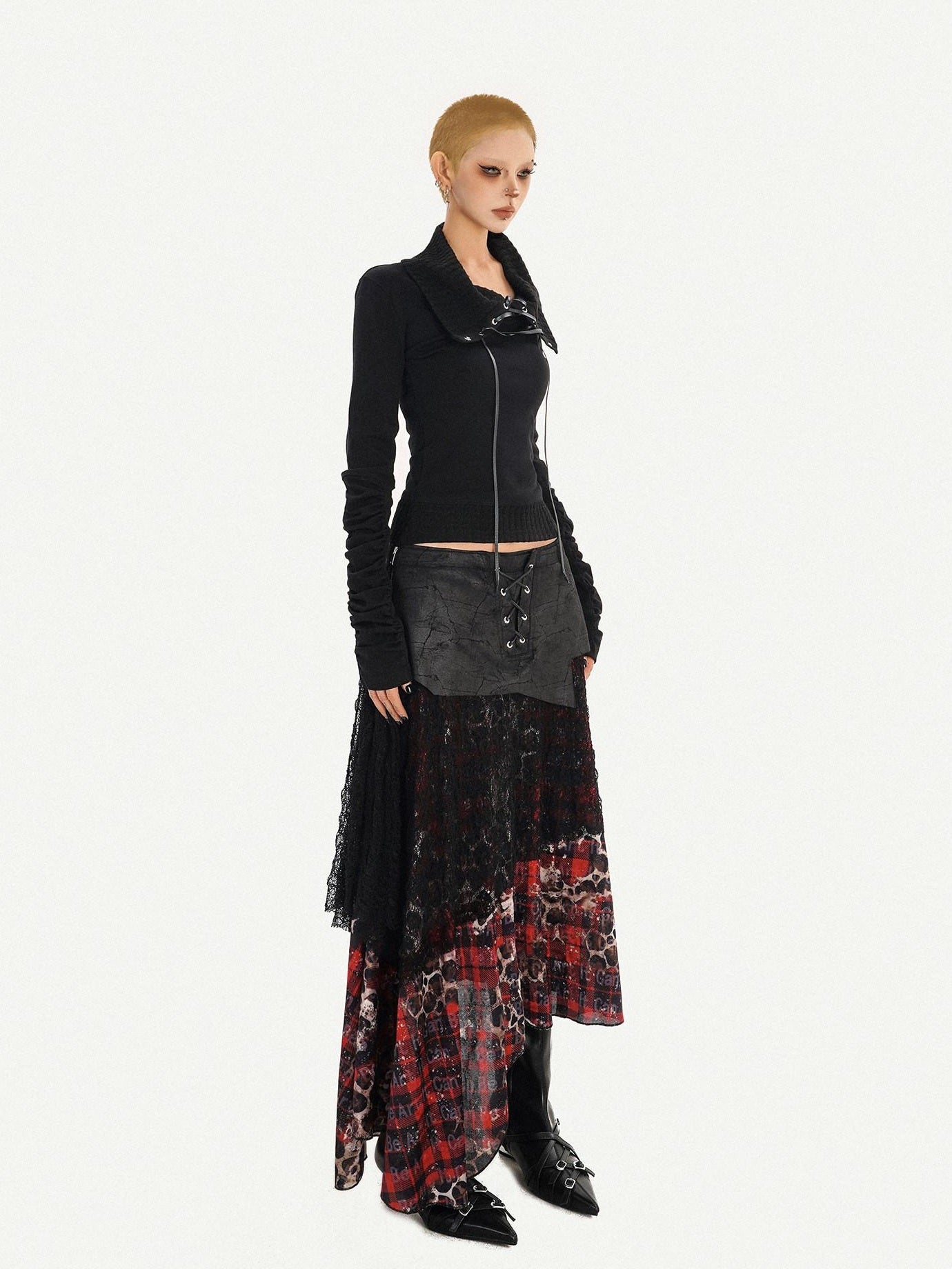 Nico Molly Edgy Gothic Lace Up Cropped Turndown Collar Longsleeve Black Patchwork Knitwear