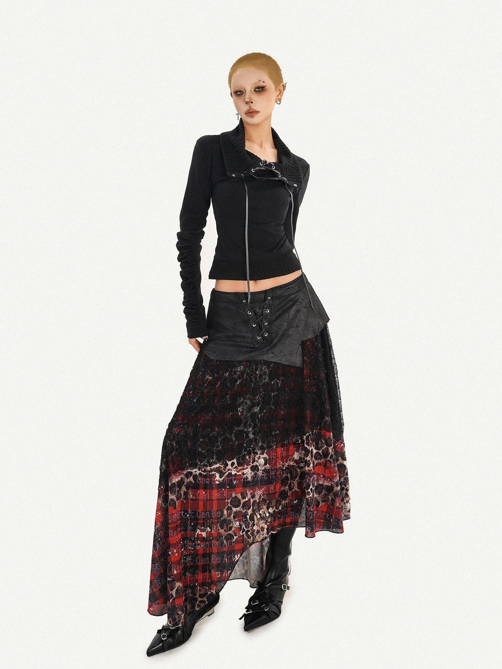 Nico Molly Edgy Gothic Lace Up Cropped Turndown Collar Longsleeve Black Patchwork Knitwear