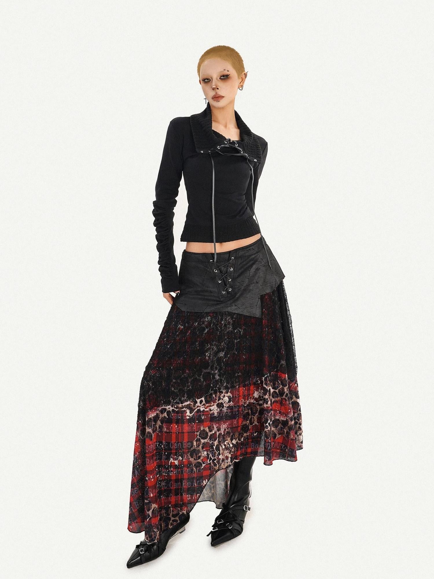 Nico Molly Edgy Gothic Lace Up Cropped Turndown Collar Longsleeve Black Patchwork Knitwear