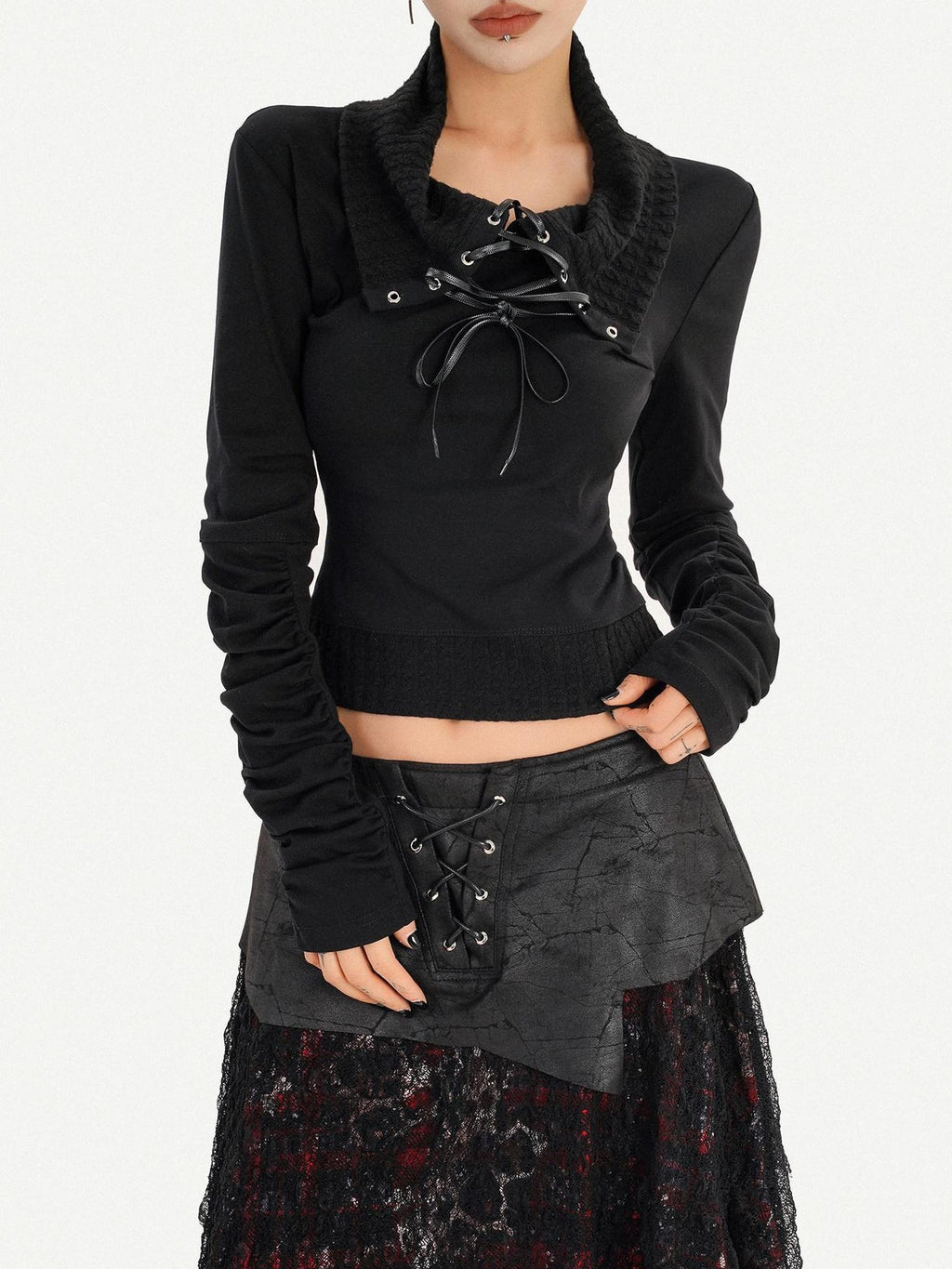 Nico Molly Edgy Gothic Lace Up Cropped Turndown Collar Longsleeve Black Patchwork Knitwear