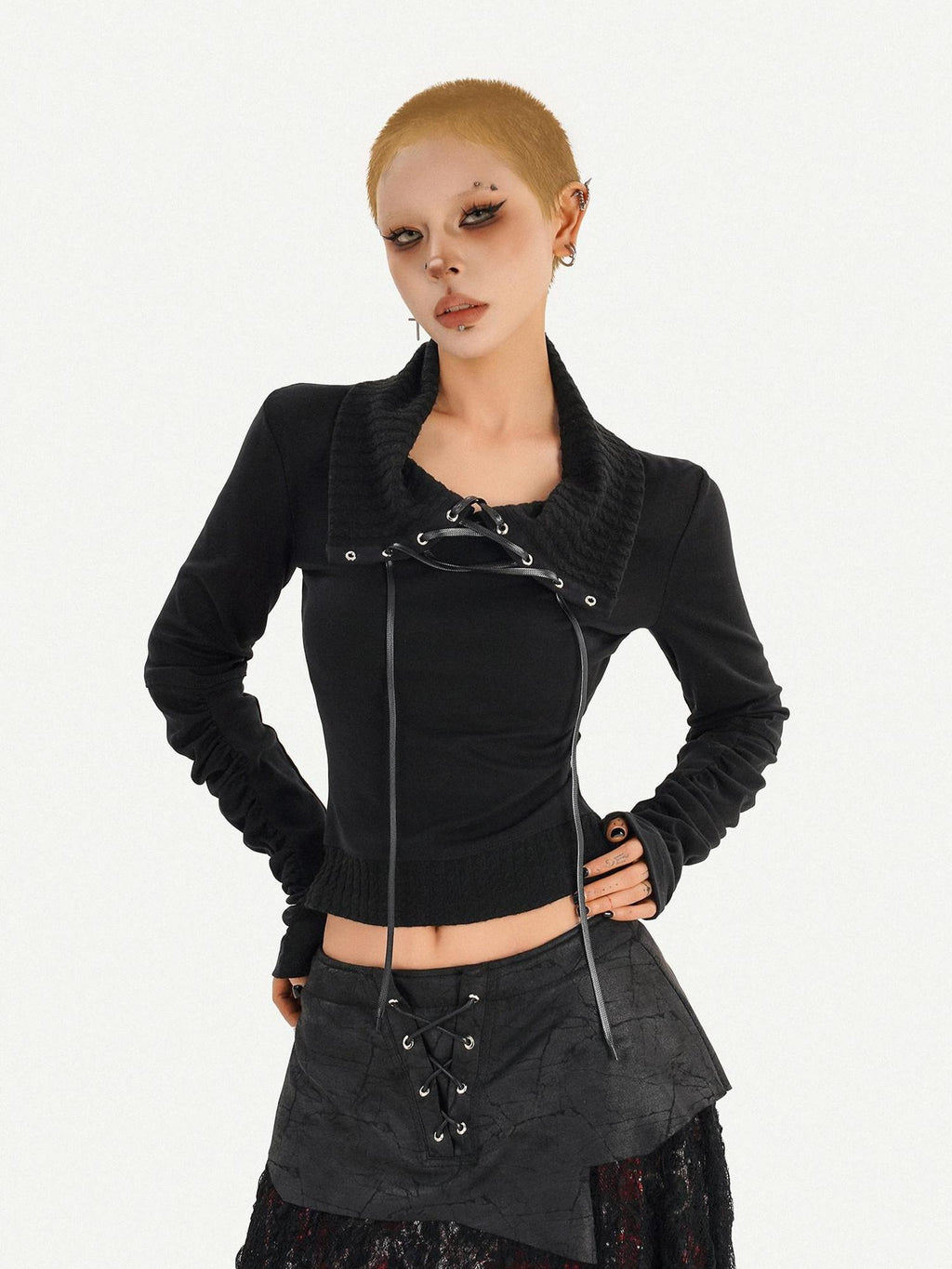 Nico Molly Edgy Gothic Lace Up Cropped Turndown Collar Longsleeve Black Patchwork Knitwear