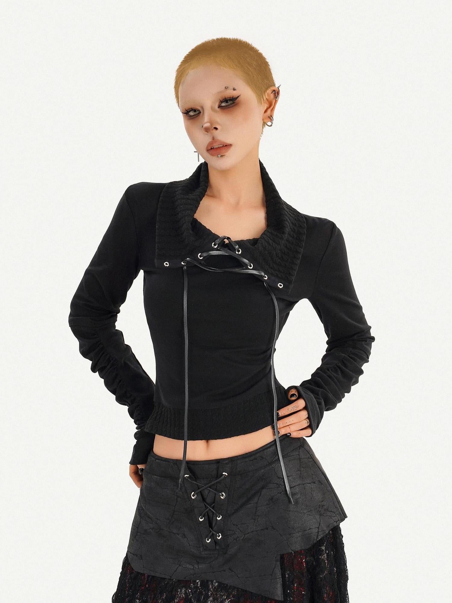 Nico Molly Edgy Gothic Lace Up Cropped Turndown Collar Longsleeve Black Patchwork Knitwear