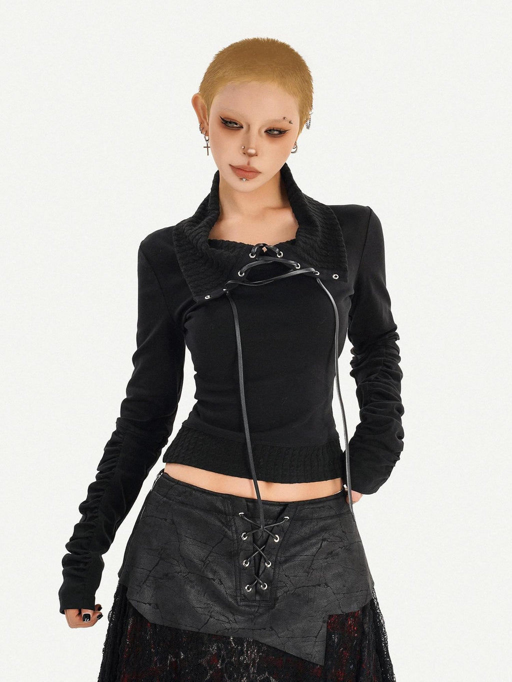 Nico Molly Edgy Gothic Lace Up Cropped Turndown Collar Longsleeve Black Patchwork Knitwear