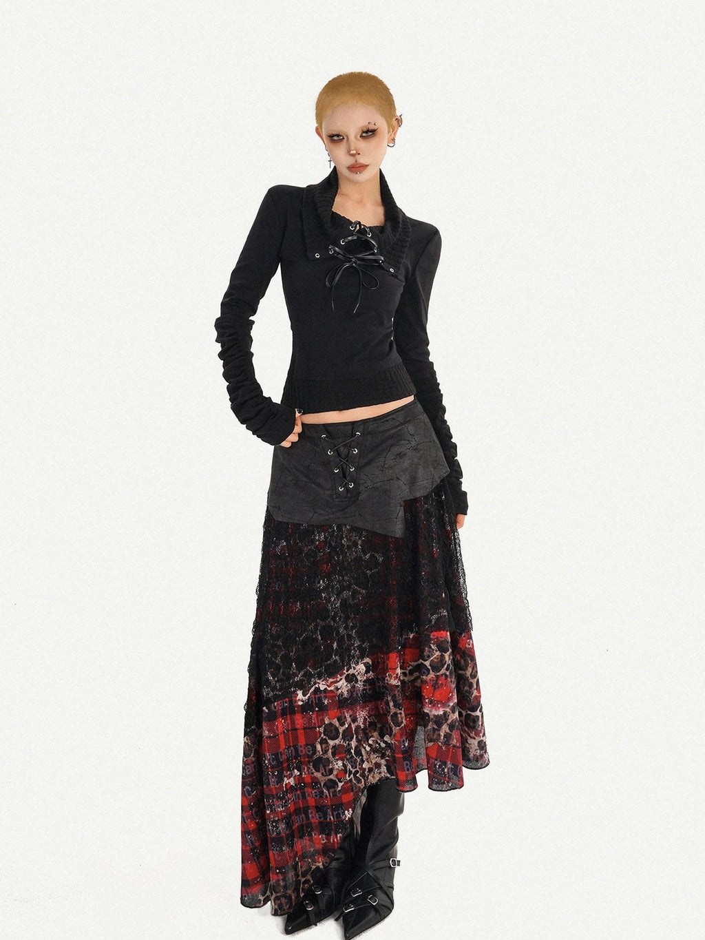 Nico Molly Edgy Gothic Lace Up Cropped Turndown Collar Longsleeve Black Patchwork Knitwear