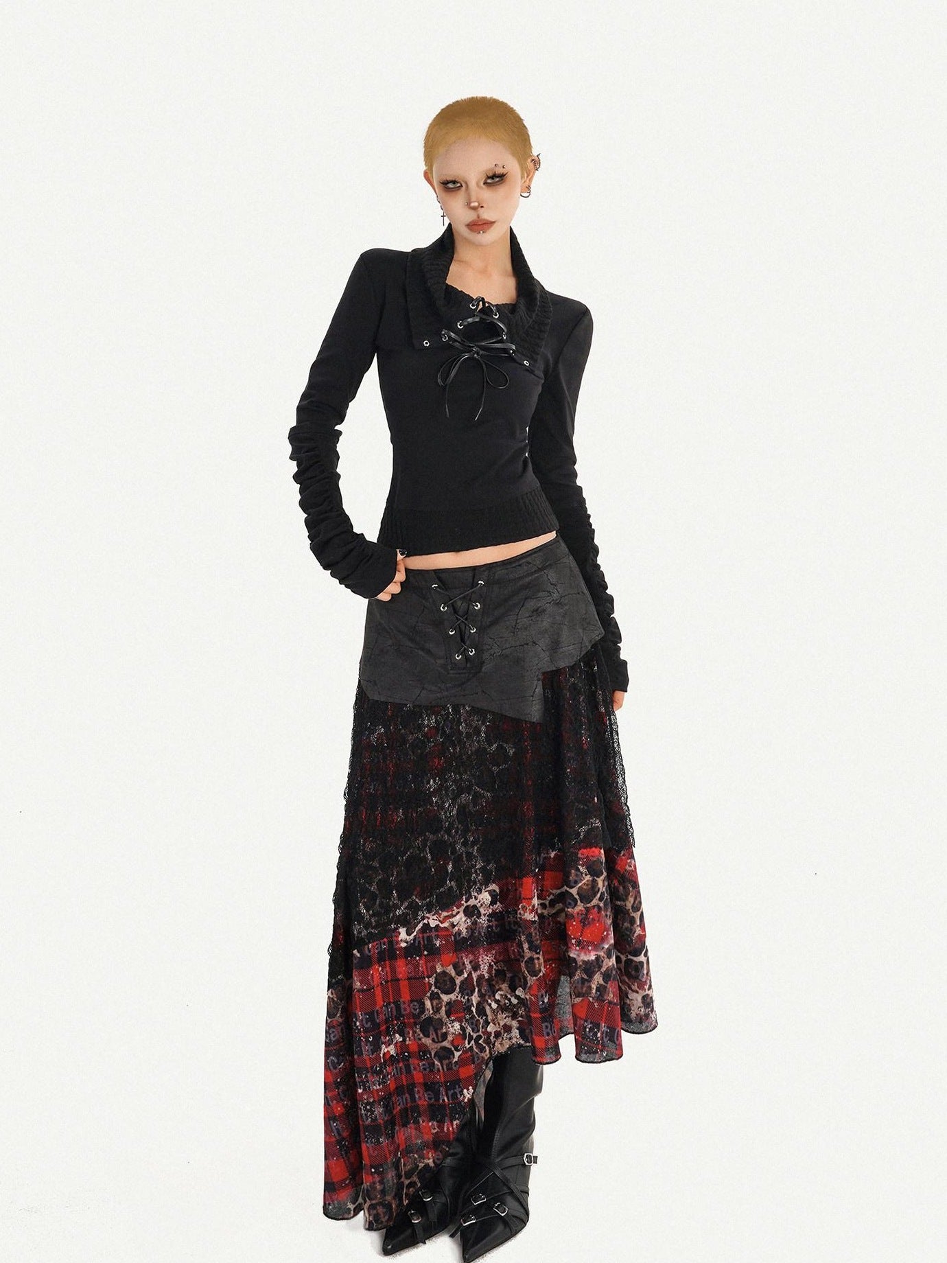 Nico Molly Edgy Gothic Lace Up Cropped Turndown Collar Longsleeve Black Patchwork Knitwear