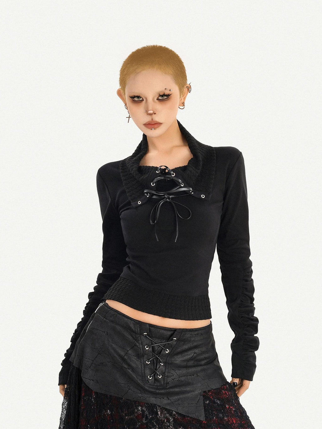 Nico Molly Edgy Gothic Lace Up Cropped Turndown Collar Longsleeve Black Patchwork Knitwear