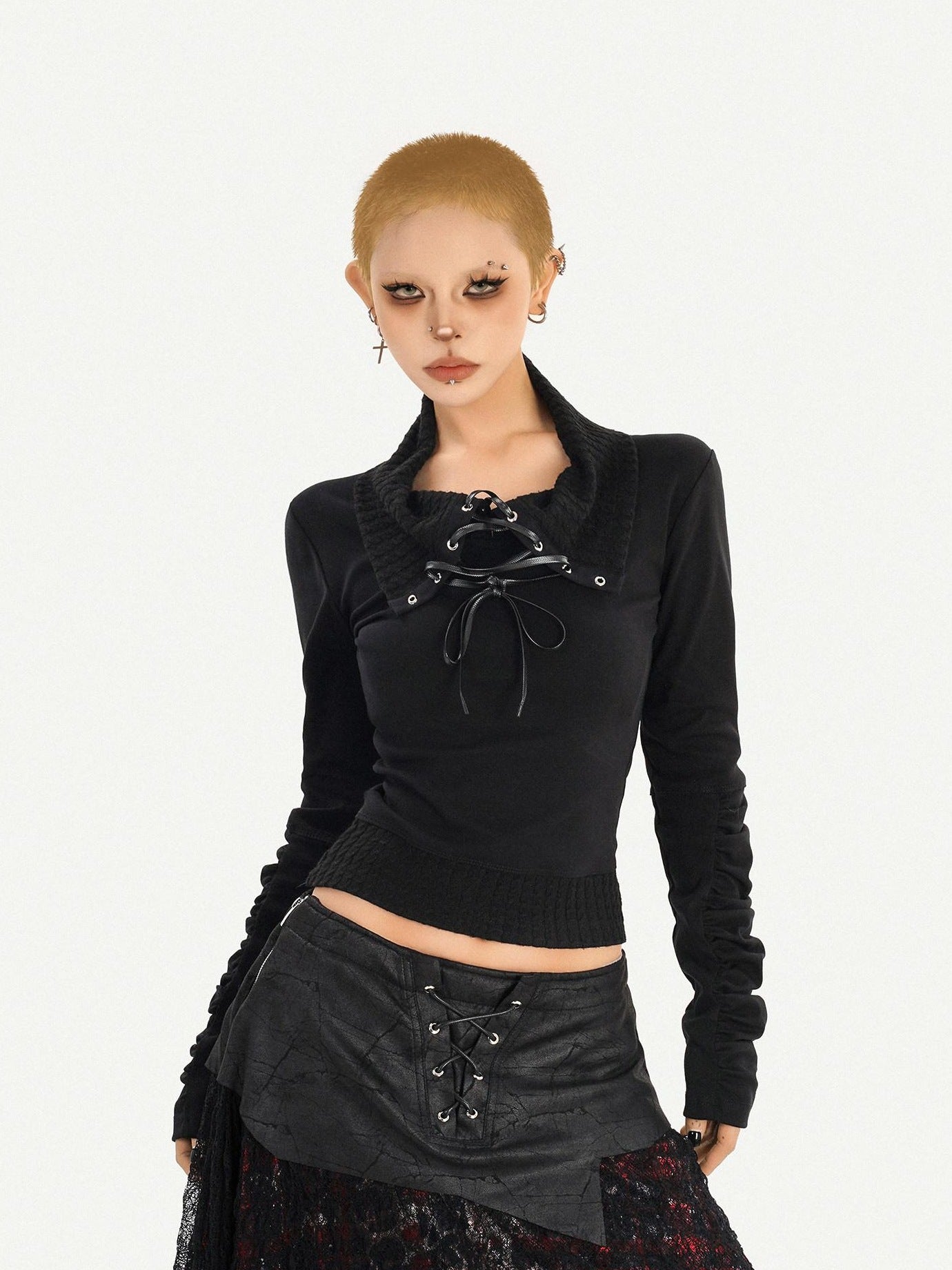 Nico Molly Edgy Gothic Lace Up Cropped Turndown Collar Longsleeve Black Patchwork Knitwear