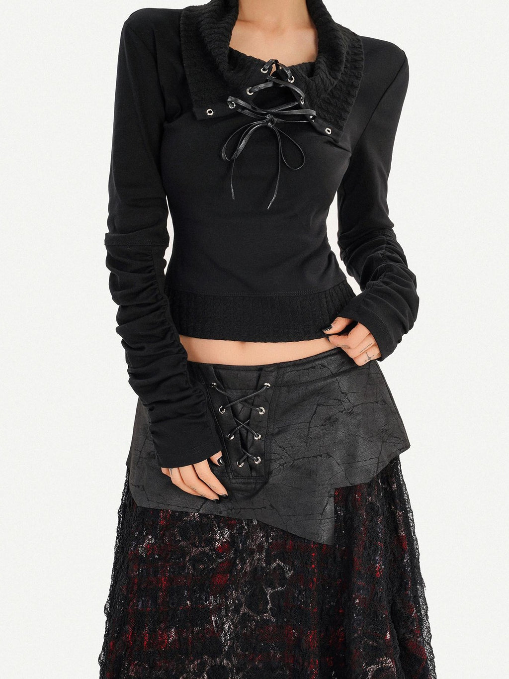 Nico Molly Edgy Gothic Lace Up Cropped Turndown Collar Longsleeve Black Patchwork Knitwear