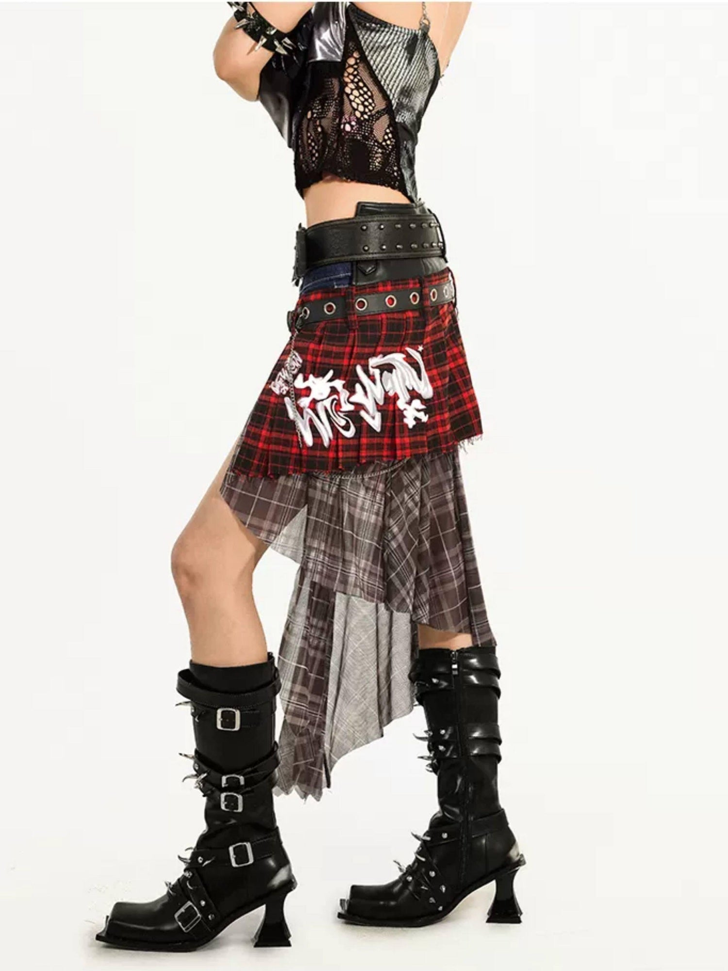 Nico Molly Edgy Patchwork Street Punk A Line Mid Waist Tie Women Travel Maxi Skirts