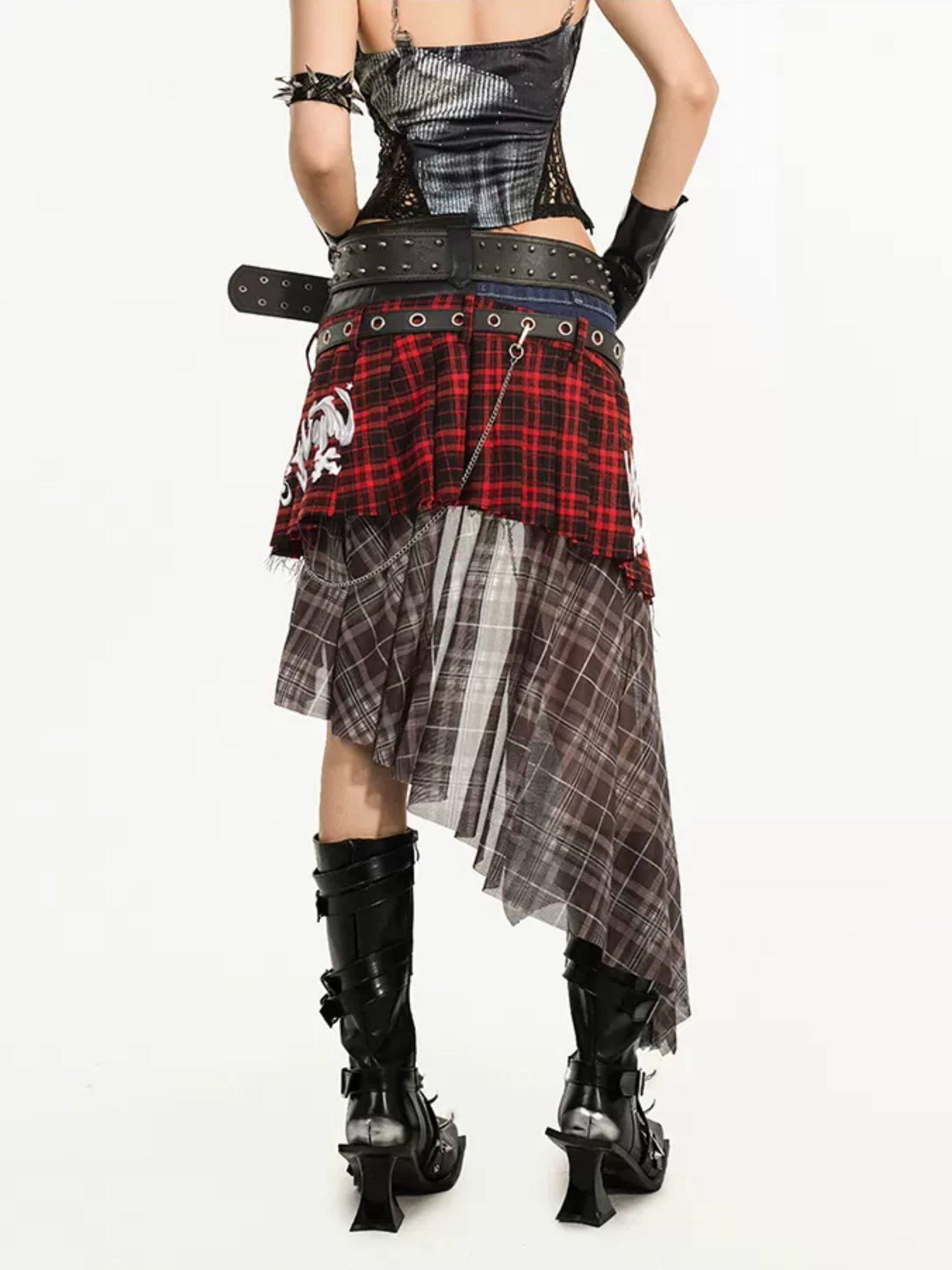Nico Molly Edgy Patchwork Street Punk A Line Mid Waist Tie Women Travel Maxi Skirts