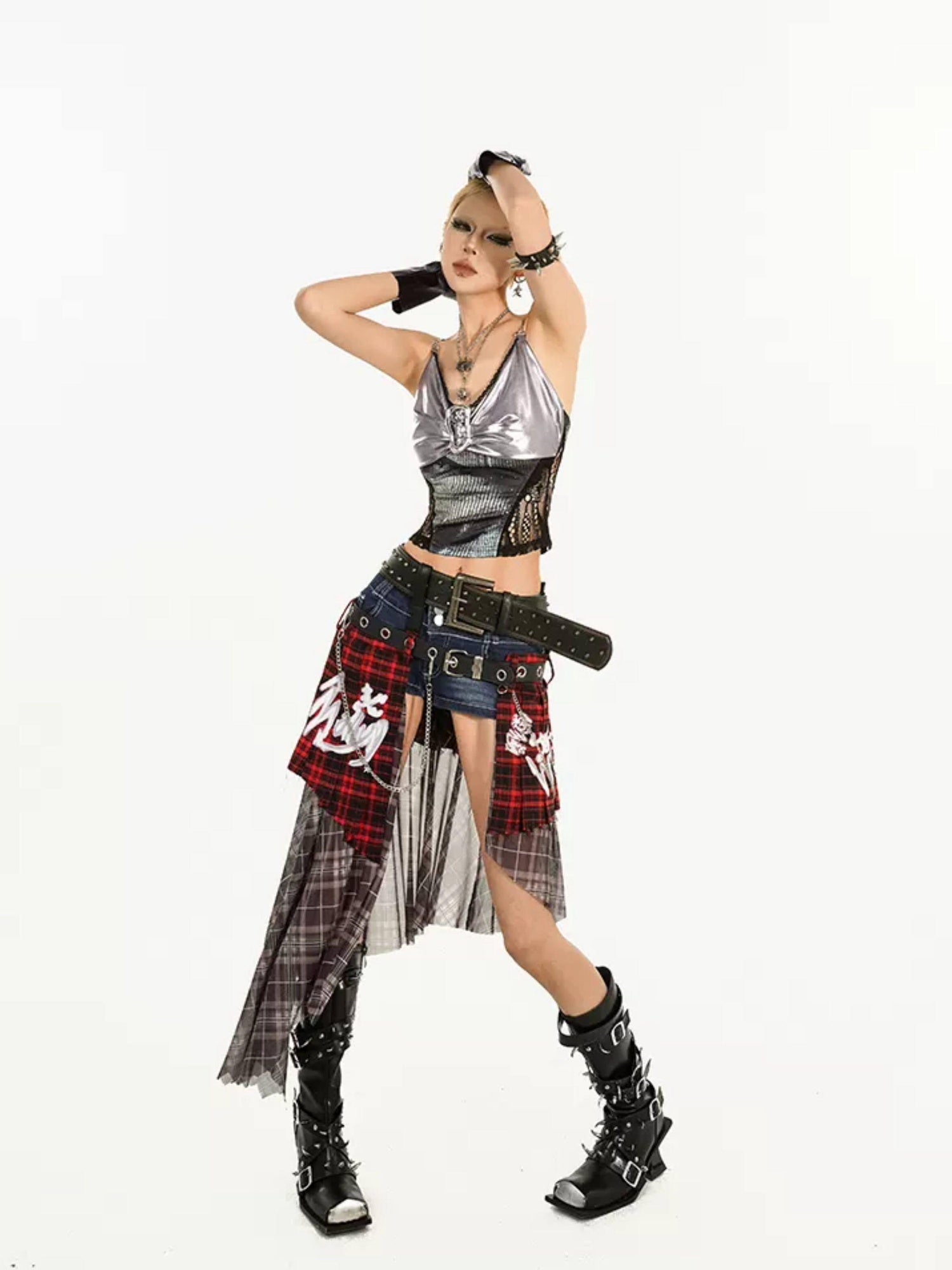 Nico Molly Edgy Patchwork Street Punk A Line Mid Waist Tie Women Travel Maxi Skirts
