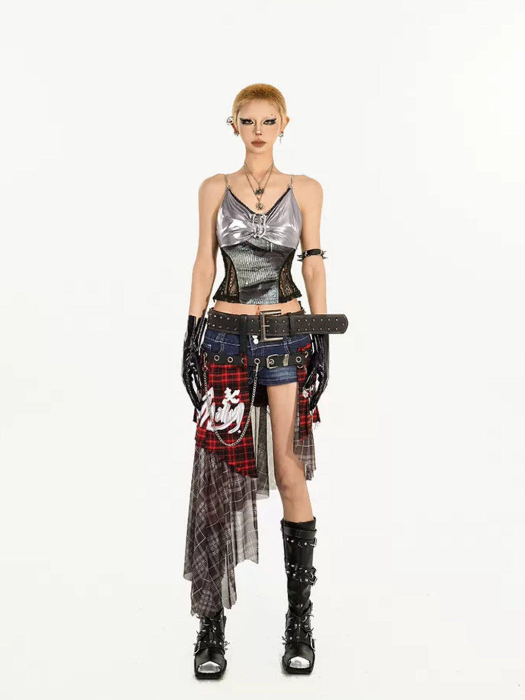 Nico Molly Edgy Patchwork Street Punk A Line Mid Waist Tie Women Travel Maxi Skirts