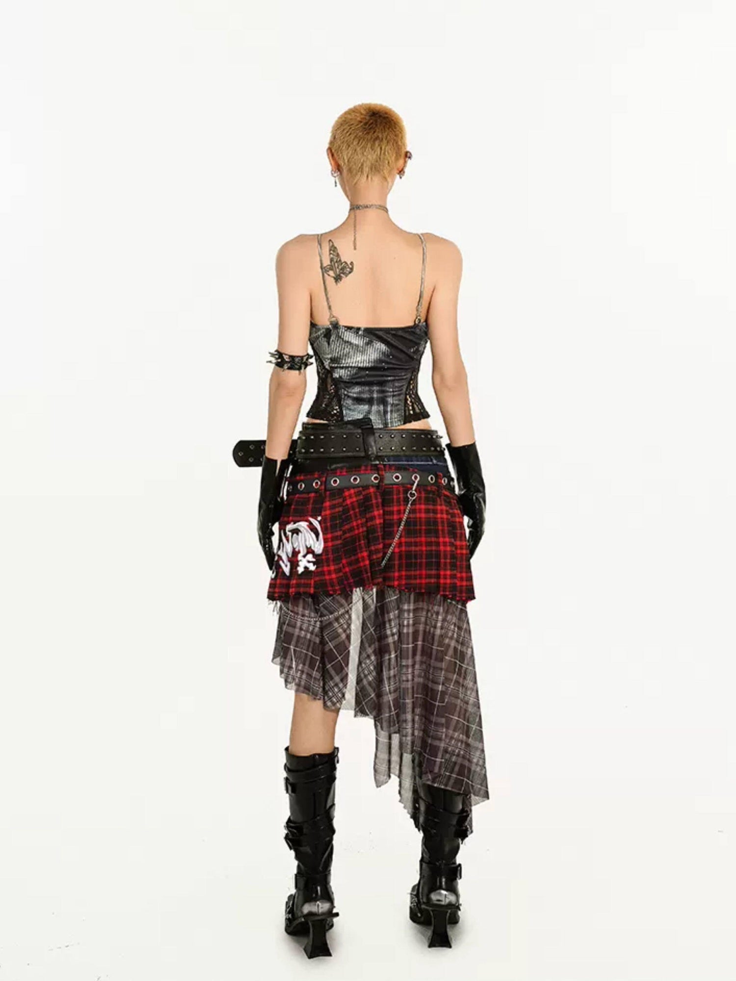 Nico Molly Edgy Patchwork Street Punk A Line Mid Waist Tie Women Travel Maxi Skirts