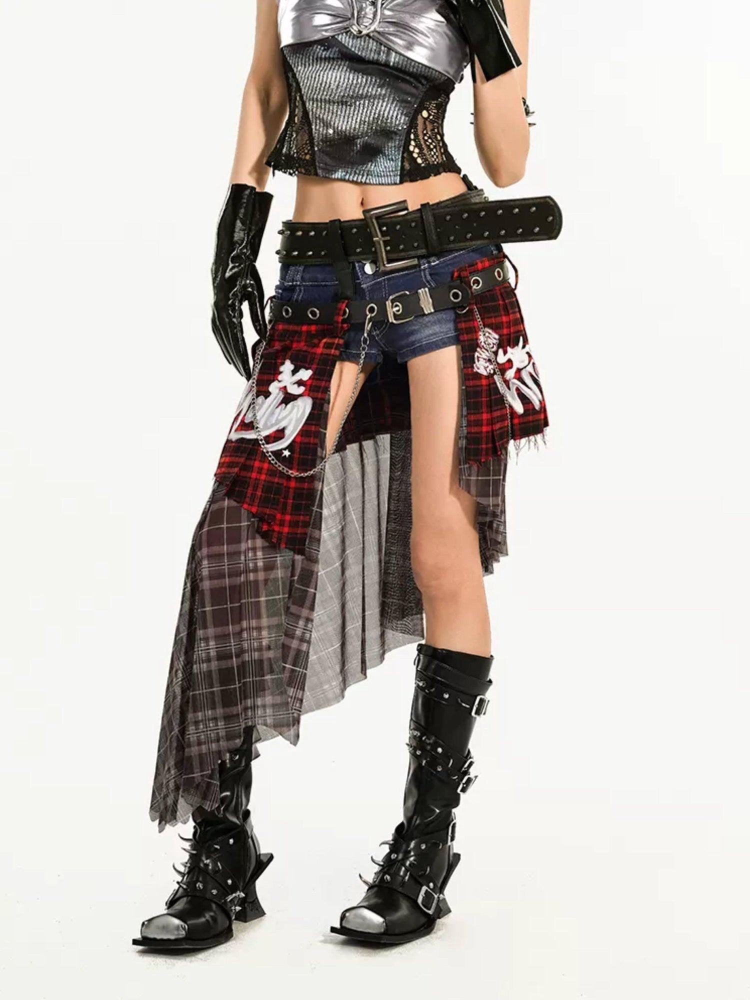 Nico Molly Edgy Patchwork Street Punk A Line Mid Waist Tie Women Travel Maxi Skirts
