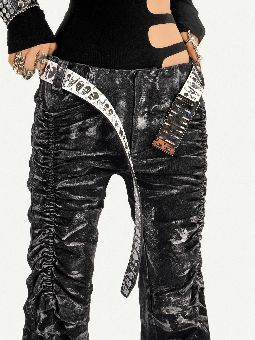 Nico Molly Edgy Pleated Punk Natural Waist Textured Black For Women Flared Jeans
