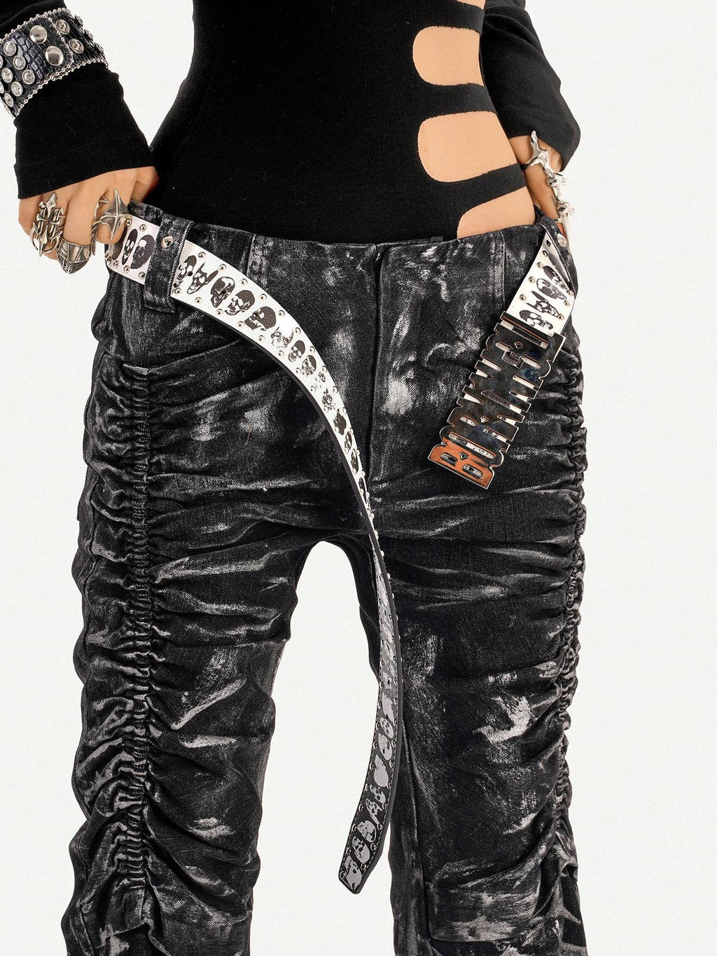 Nico Molly Edgy Pleated Punk Natural Waist Textured Black For Women Flared Jeans