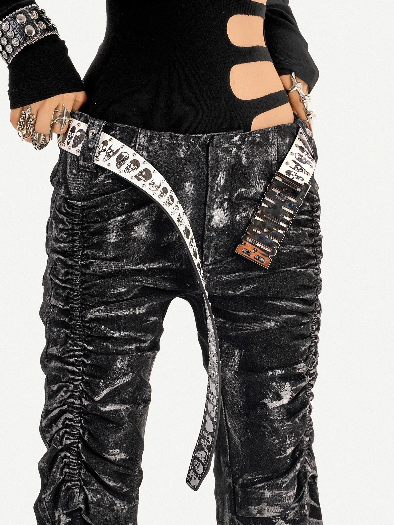 Nico Molly Edgy Pleated Punk Natural Waist Textured Black For Women Flared Jeans