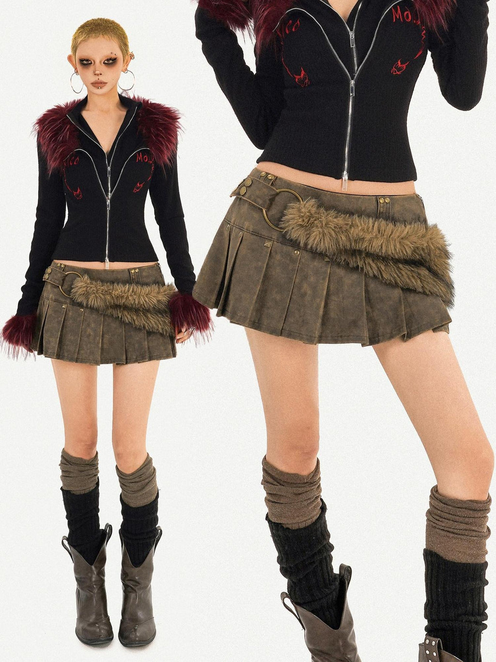 Nico Molly Edgy Punk Street Pleated High Waist Side Zipper Student Brown Mini Skirts