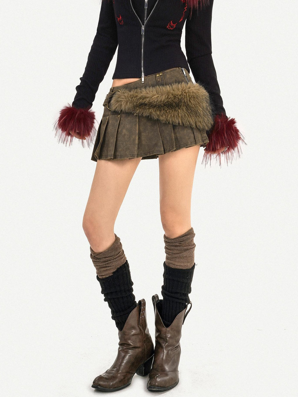 Nico Molly Edgy Punk Street Pleated High Waist Side Zipper Student Brown Mini Skirts
