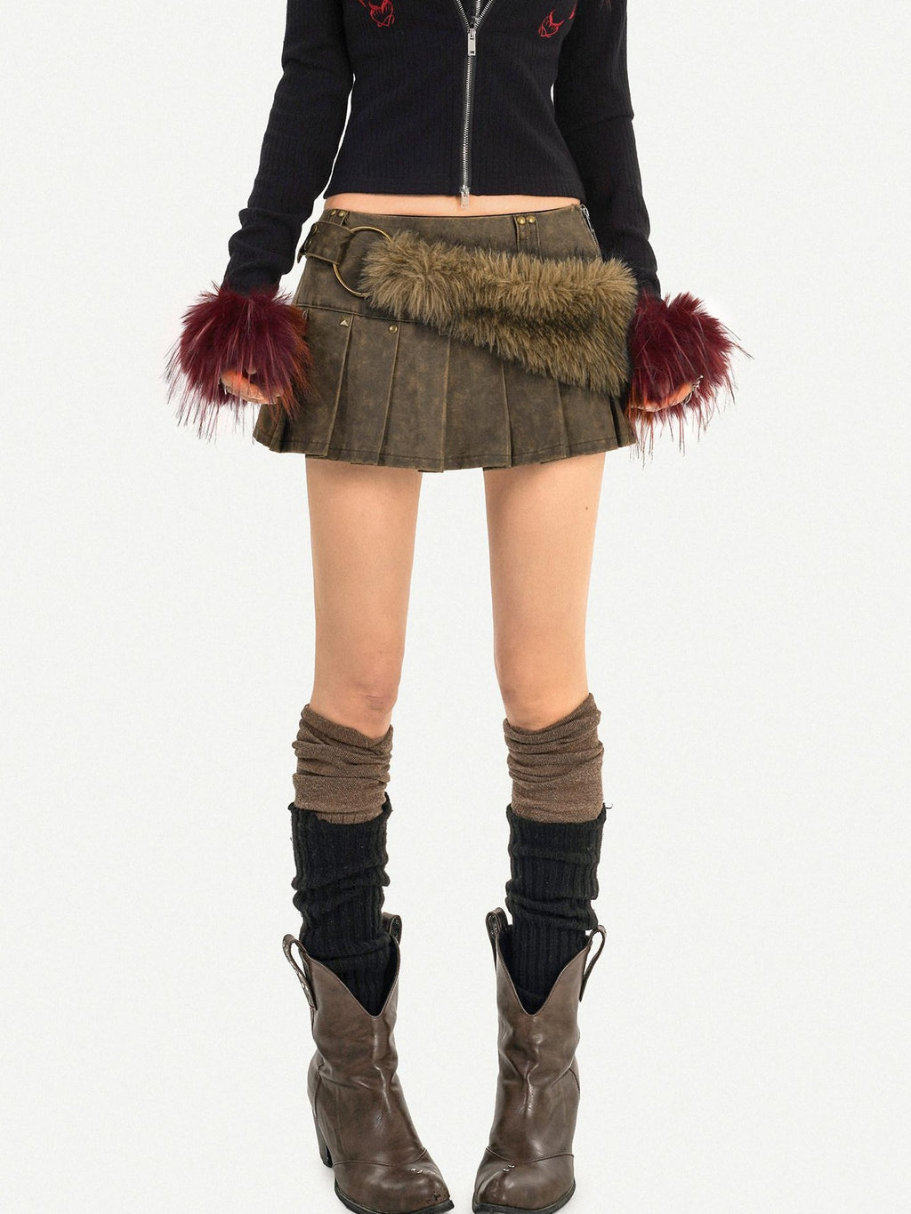 Nico Molly Edgy Punk Street Pleated High Waist Side Zipper Student Brown Mini Skirts