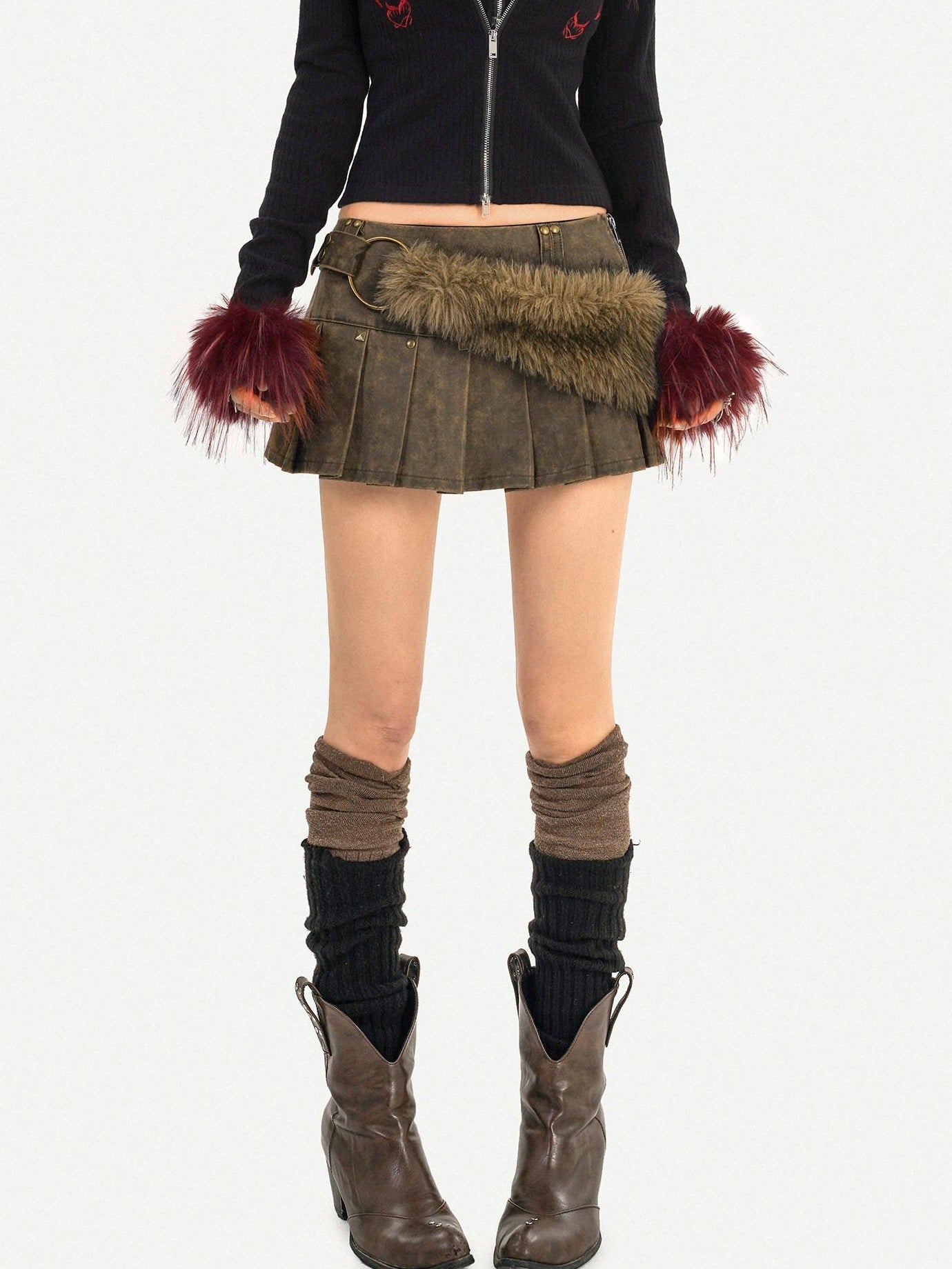 Nico Molly Edgy Punk Street Pleated High Waist Side Zipper Student Brown Mini Skirts