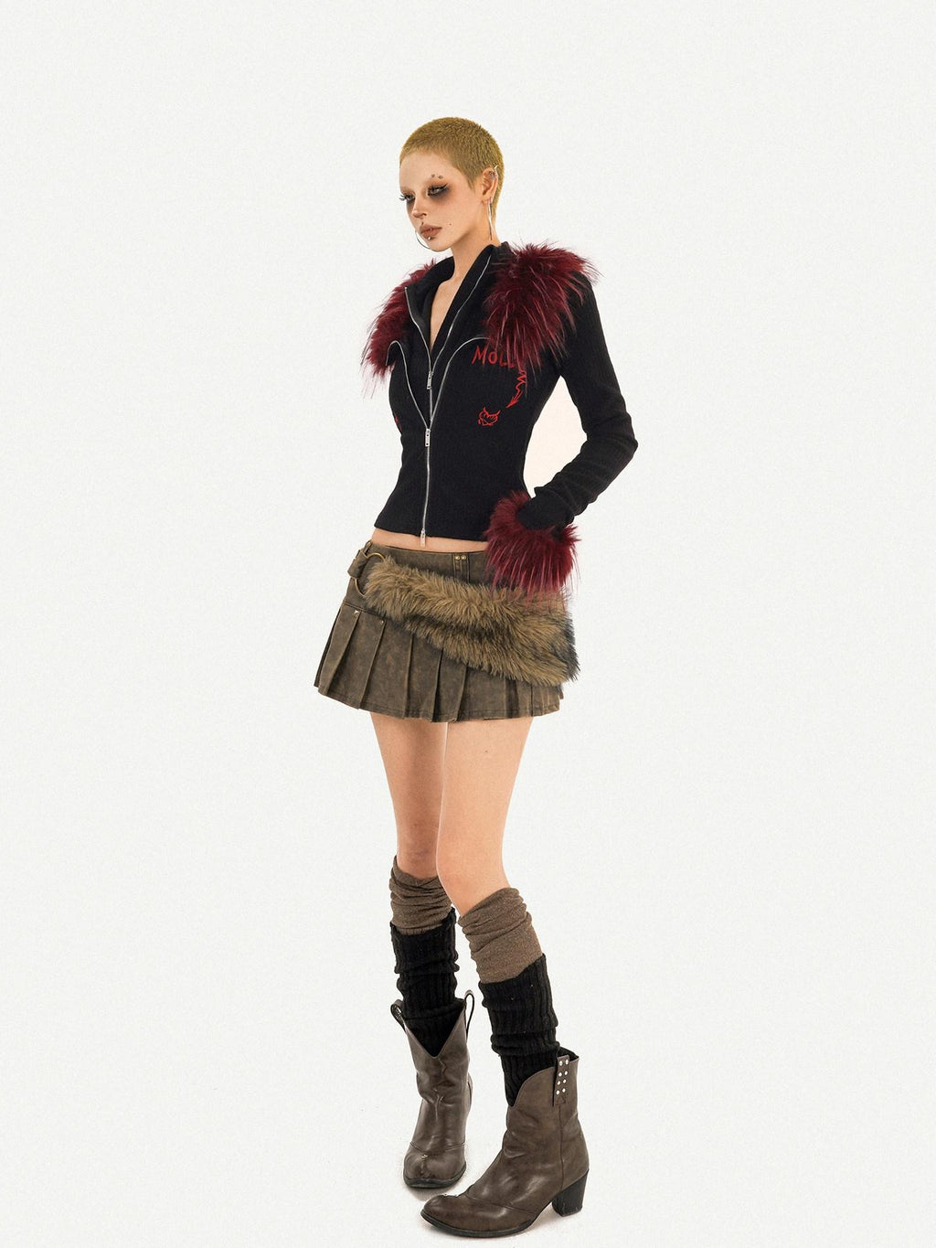 Nico Molly Edgy Punk Street Pleated High Waist Side Zipper Student Brown Mini Skirts