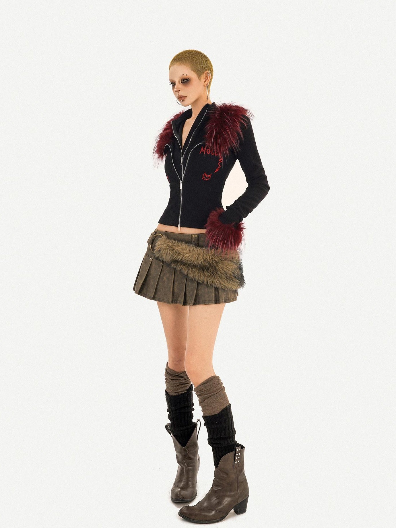 Nico Molly Edgy Punk Street Pleated High Waist Side Zipper Student Brown Mini Skirts