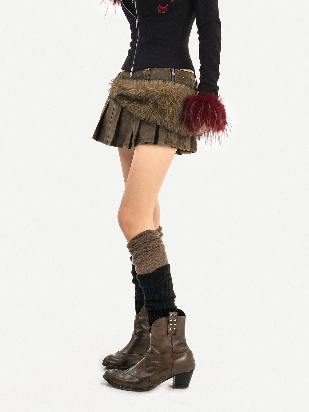 Nico Molly Edgy Punk Street Pleated High Waist Side Zipper Student Brown Mini Skirts