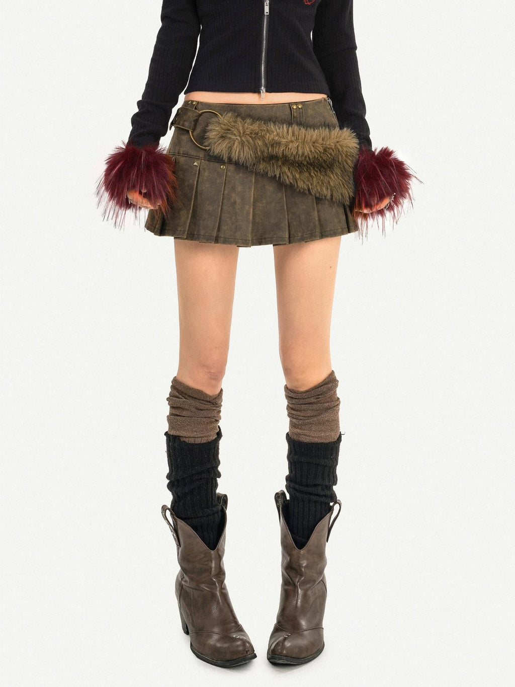 Nico Molly Edgy Punk Street Pleated High Waist Side Zipper Student Brown Mini Skirts