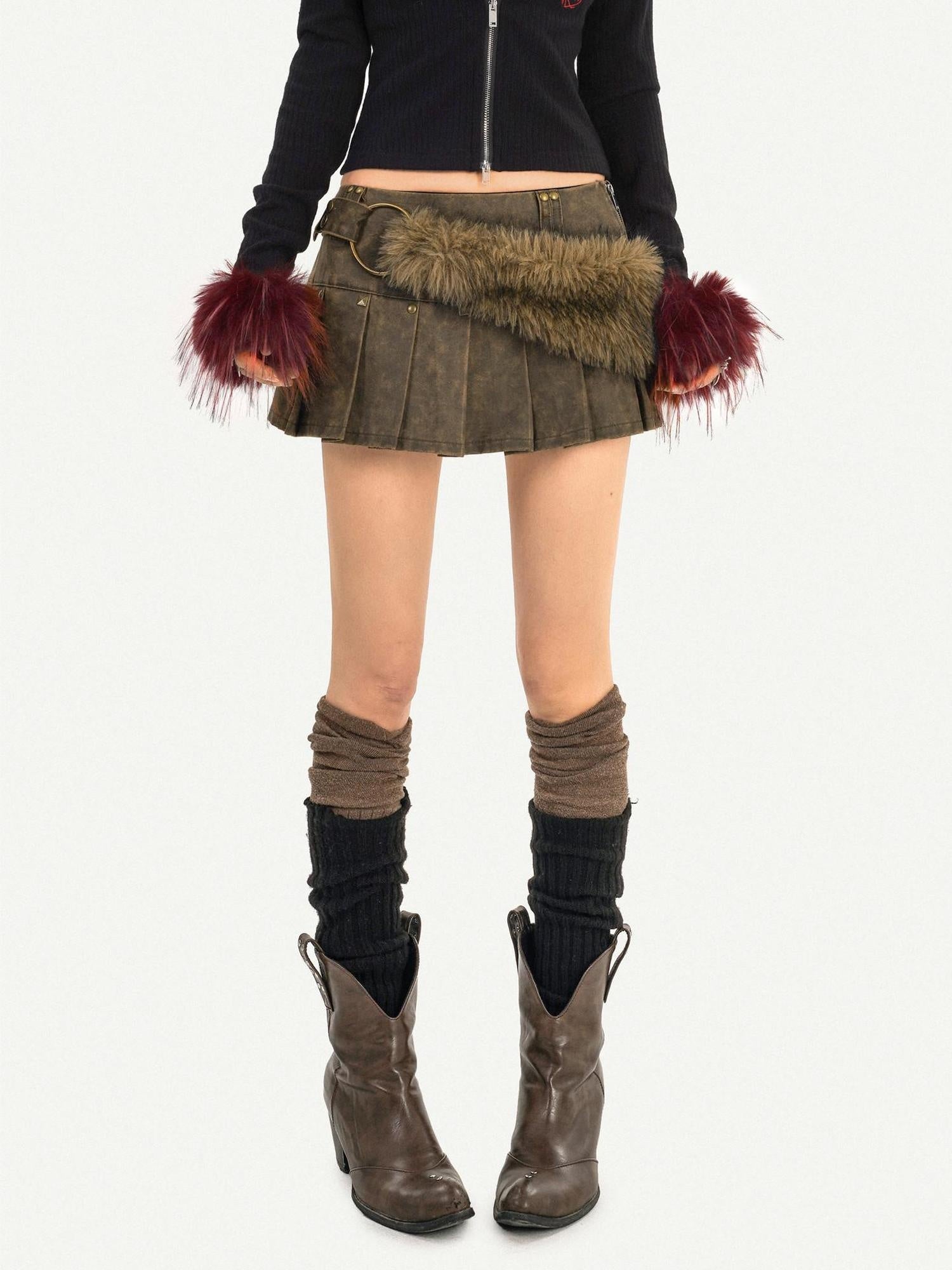 Nico Molly Edgy Punk Street Pleated High Waist Side Zipper Student Brown Mini Skirts