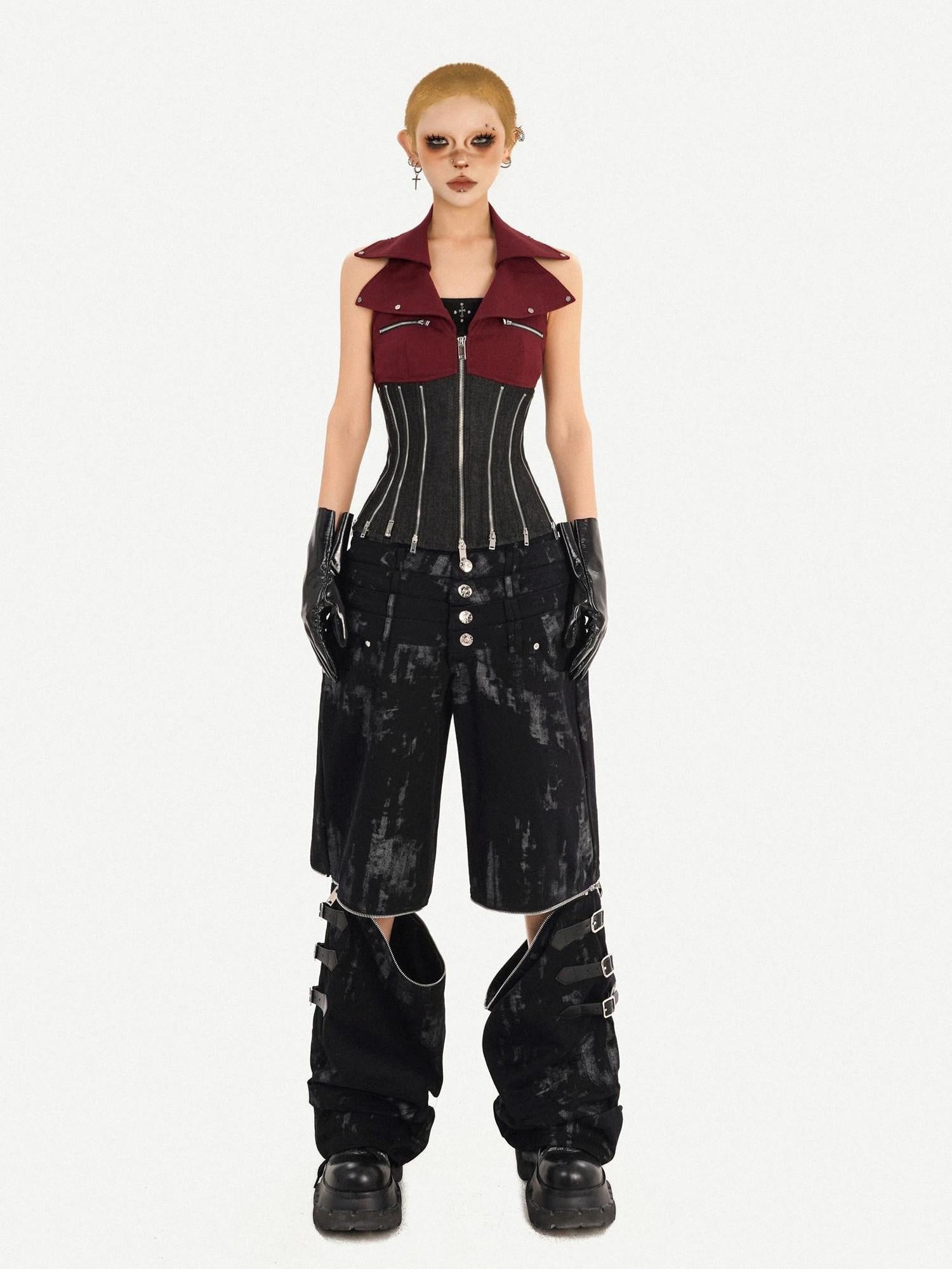 Nico Molly Edgy Punk Zip Front Halter Fitted Denim Cotton Lapel Collar Women Red Tank Tops