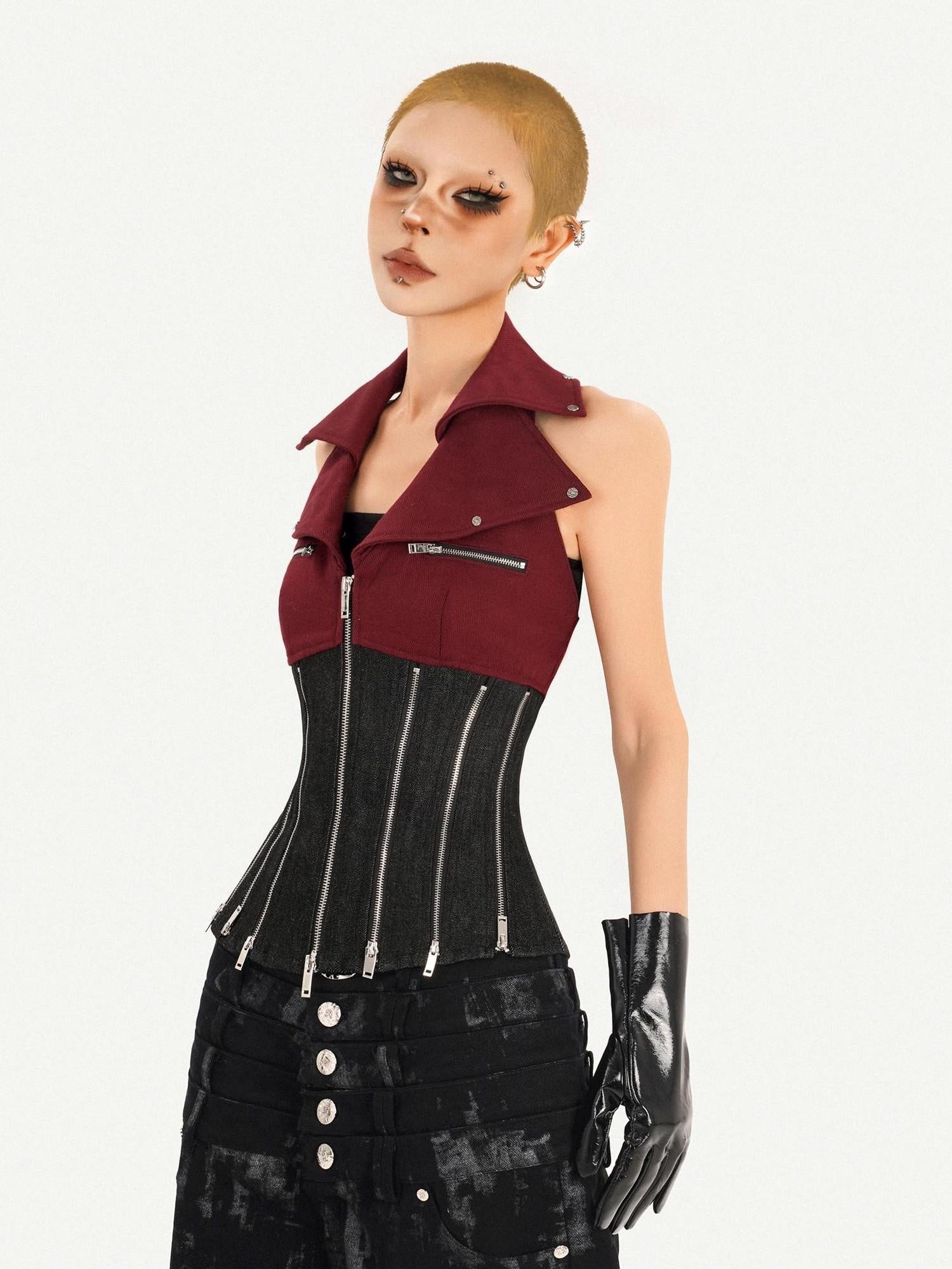 Nico Molly Edgy Punk Zip Front Halter Fitted Denim Cotton Lapel Collar Women Red Tank Tops