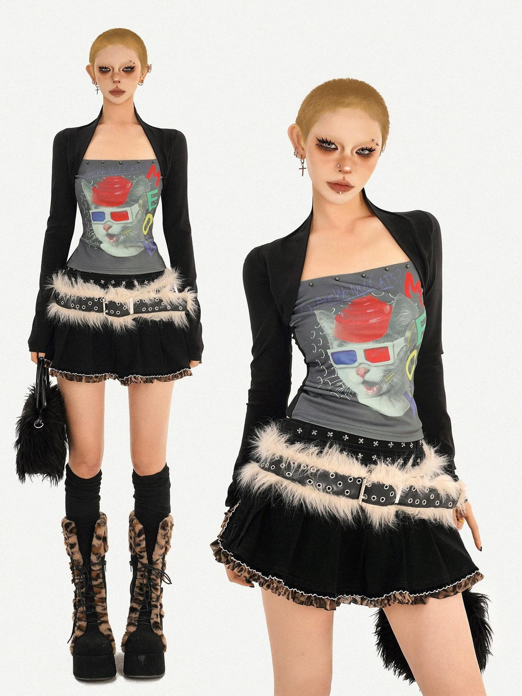 Nico Molly Edgy Skull Print Cotton Blend Round Neck Women Black Long Sleeve T-Shirts