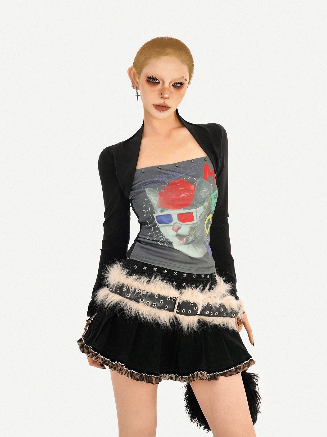 Nico Molly Edgy Skull Print Cotton Blend Round Neck Women Black Long Sleeve T-Shirts