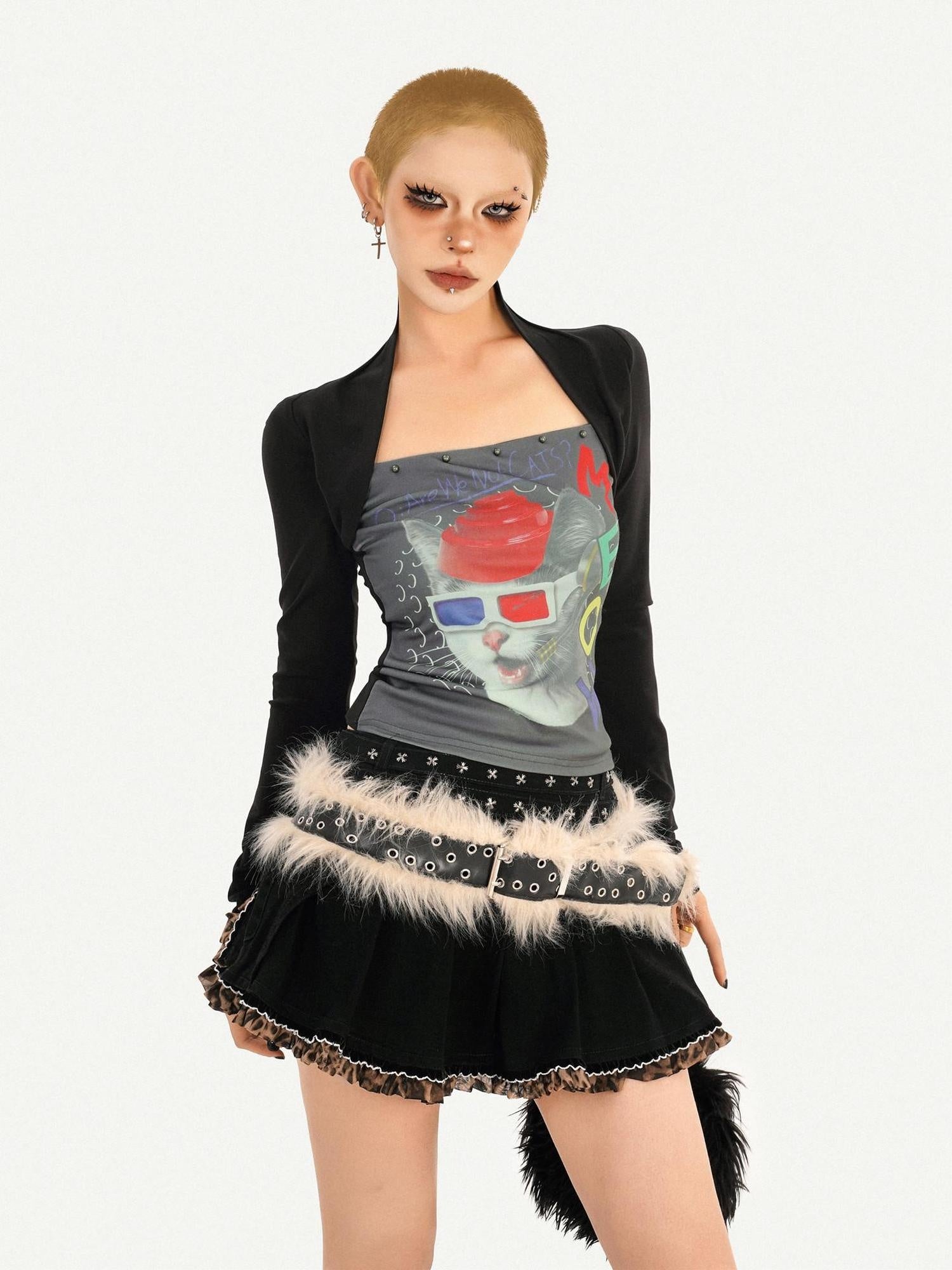 Nico Molly Edgy Skull Print Cotton Blend Round Neck Women Black Long Sleeve T-Shirts
