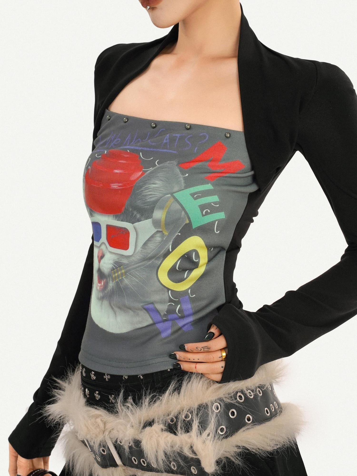 Nico Molly Edgy Skull Print Cotton Blend Round Neck Women Black Long Sleeve T-Shirts