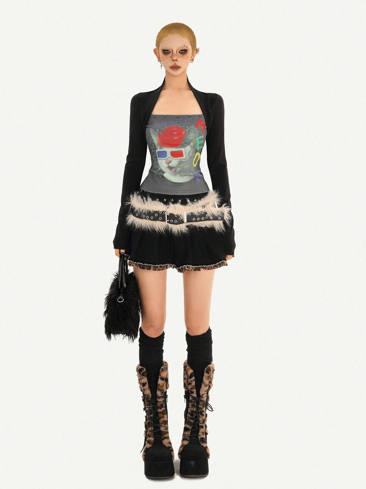 Nico Molly Edgy Skull Print Cotton Blend Round Neck Women Black Long Sleeve T-Shirts