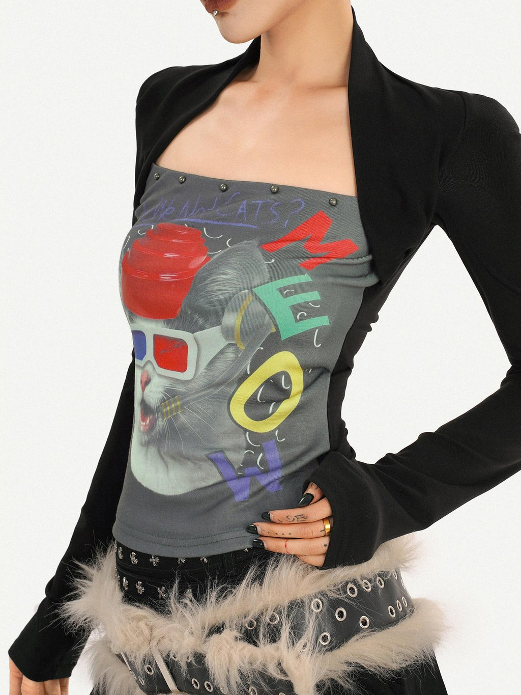 Nico Molly Edgy Skull Print Cotton Blend Round Neck Women Black Long Sleeve T-Shirts