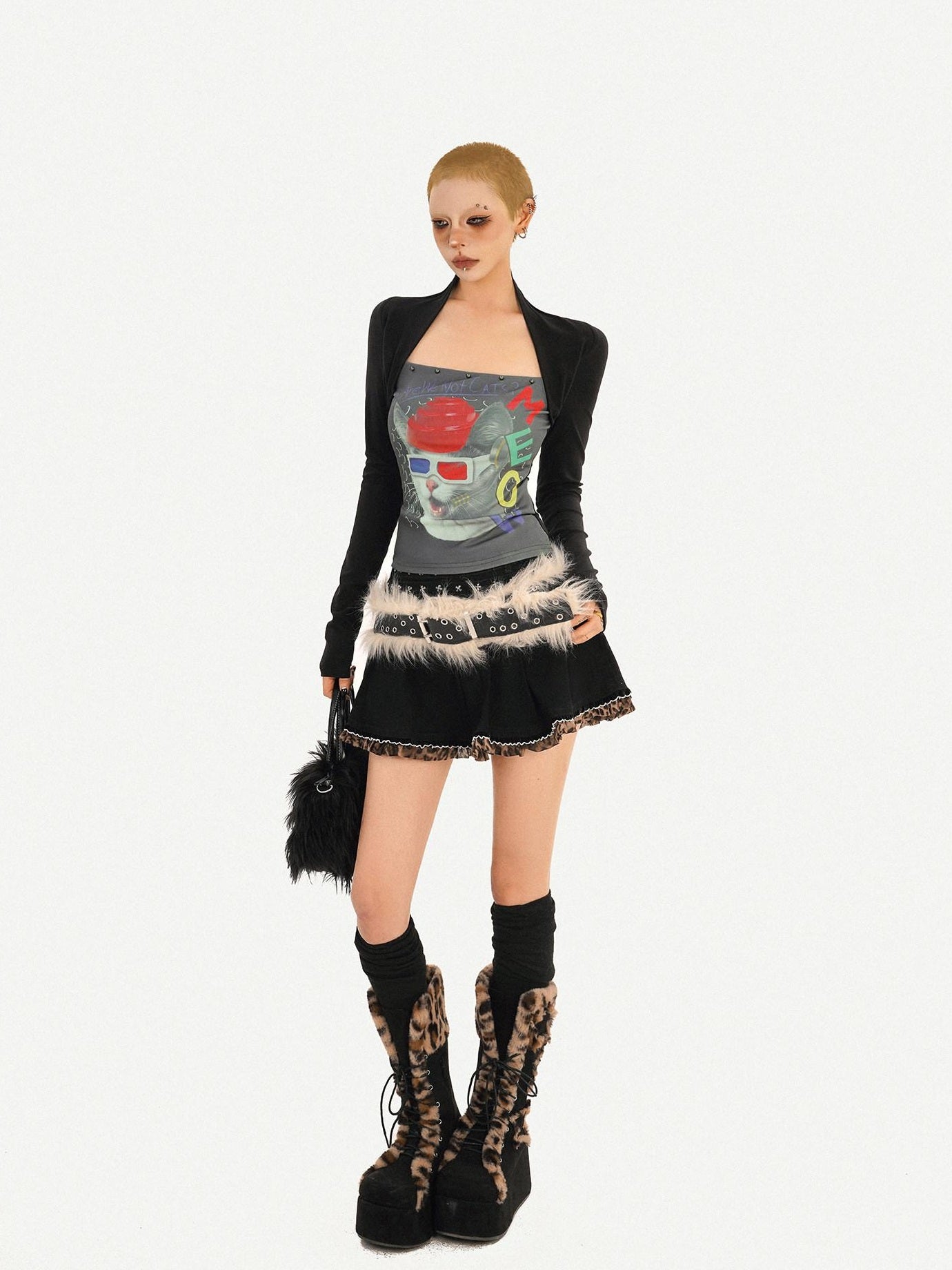 Nico Molly Edgy Skull Print Cotton Blend Round Neck Women Black Long Sleeve T-Shirts