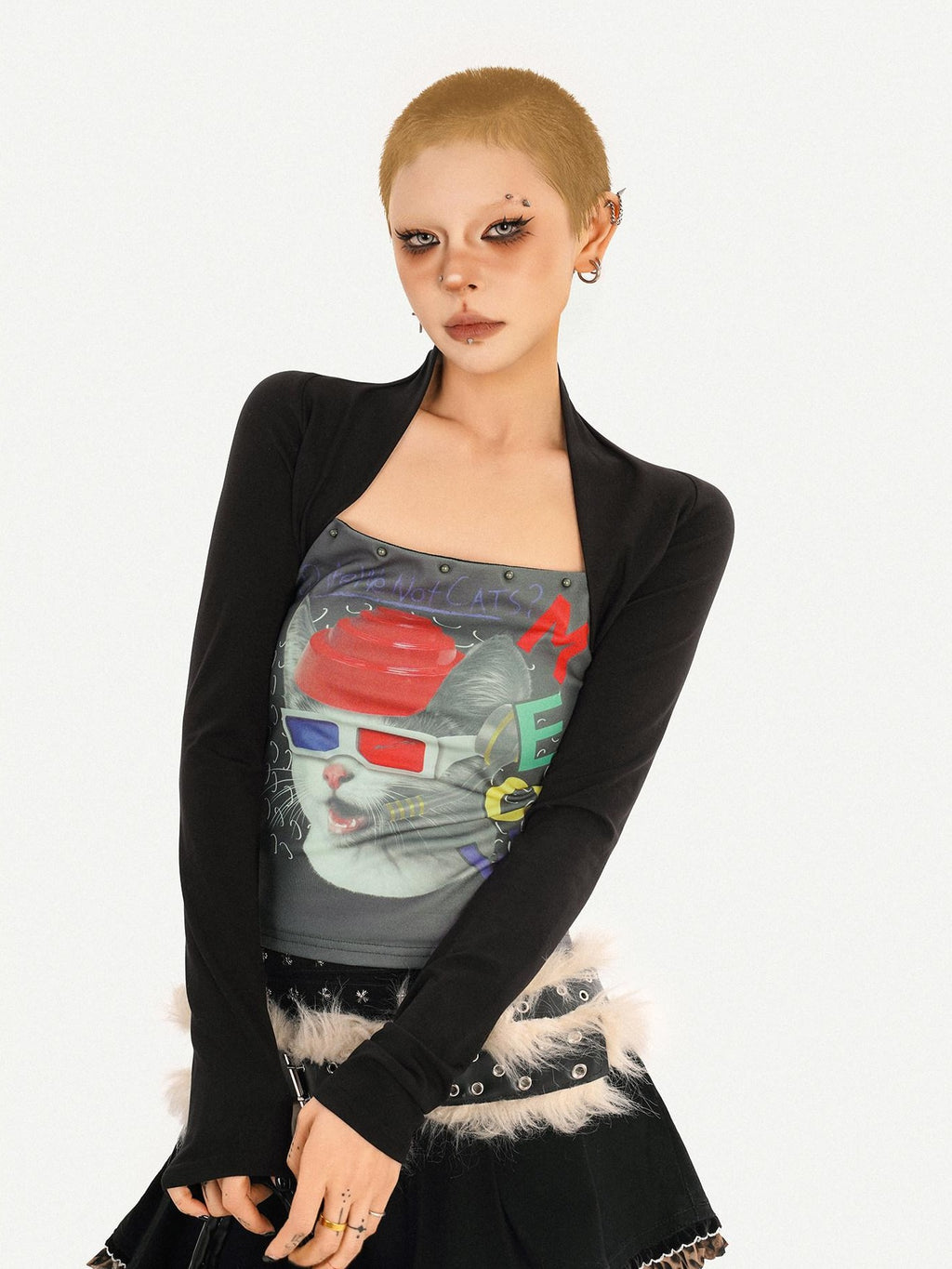 Nico Molly Edgy Skull Print Cotton Blend Round Neck Women Black Long Sleeve T-Shirts