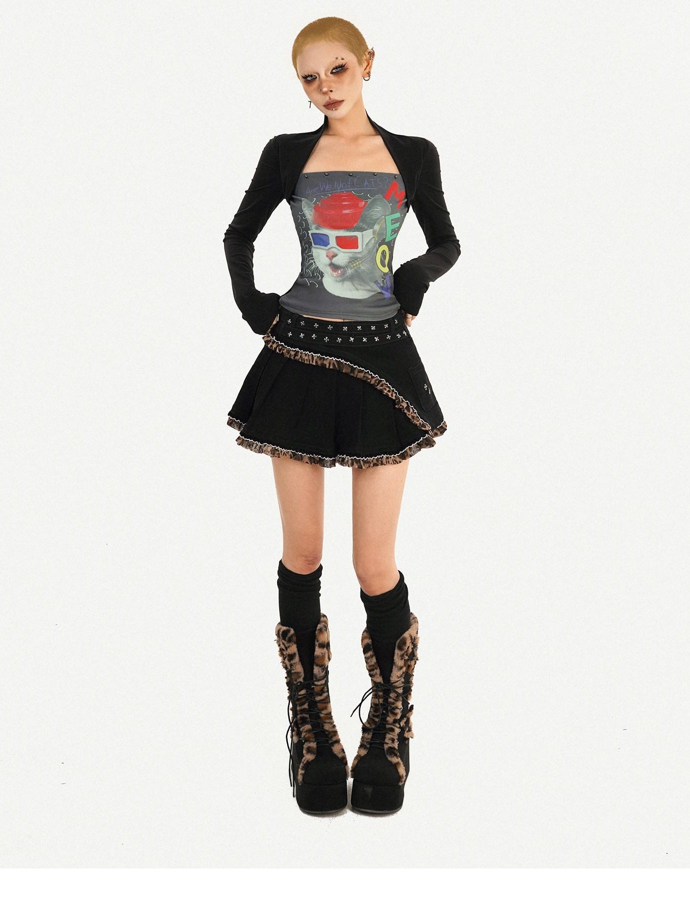 Nico Molly Edgy Skull Print Cotton Blend Round Neck Women Black Long Sleeve T-Shirts