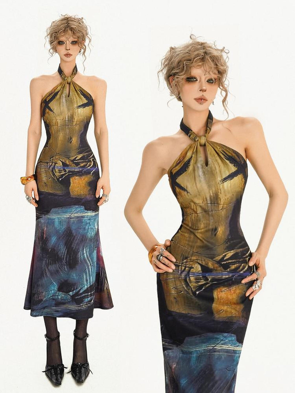 Nico Molly Elegant High Waist Halter Mermaid Sleeveless Deep Blue Women Party Midi Dresses